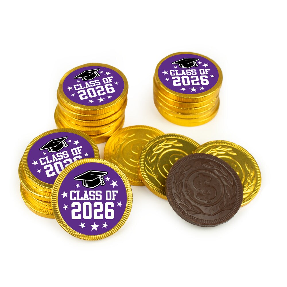 80 Pack Class of 2026 Graduation Stickered Gold Foiled Chocolate Coins - Candy Party Favors For Graduation Celebrations, Table Decoration & Gift Bags (Green)
