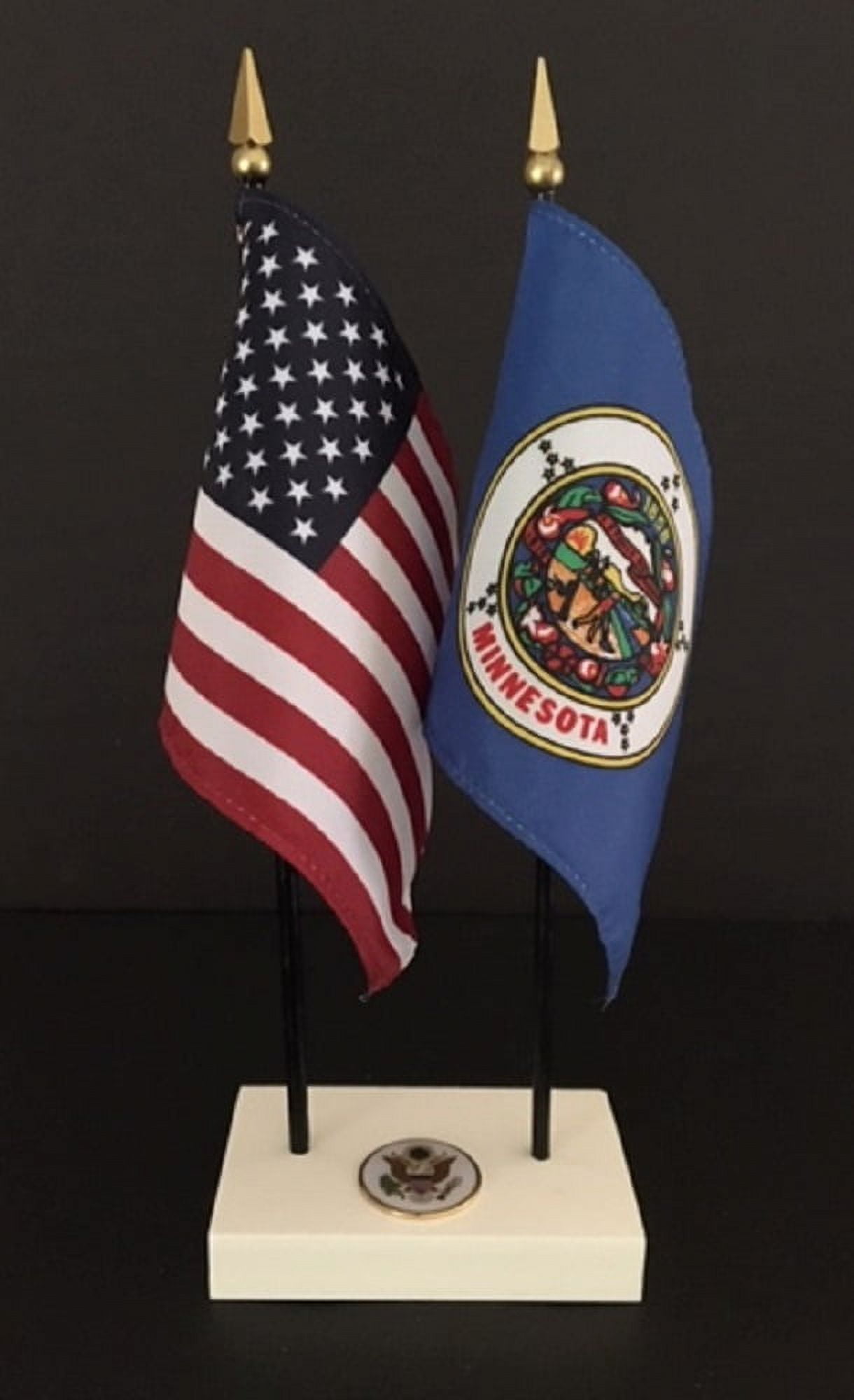 Minnesota (old version) Executive Desk Set; Two 4x6 Inch Flags, White Base with US Seal