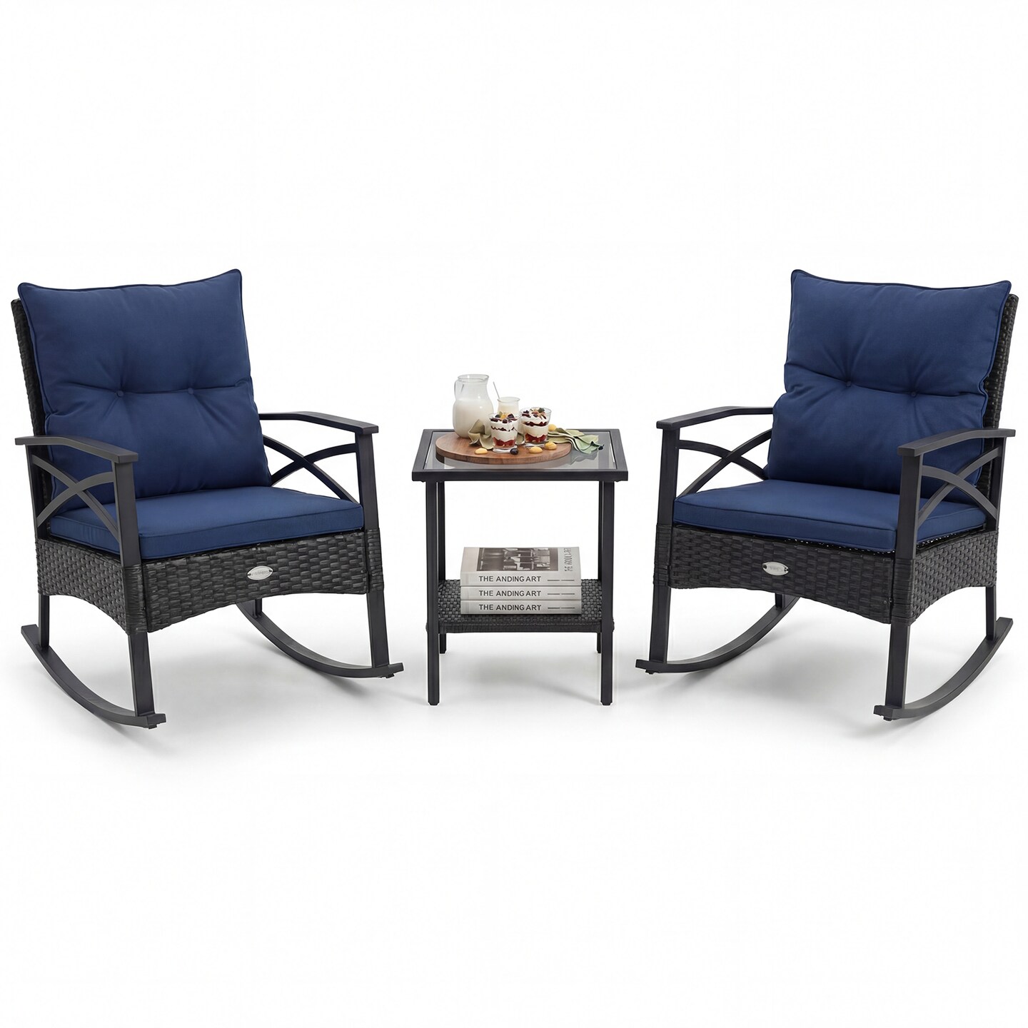 Rattan Rocking Chairs Set of 3 with 2-Tier Side Table for Backyard Patio