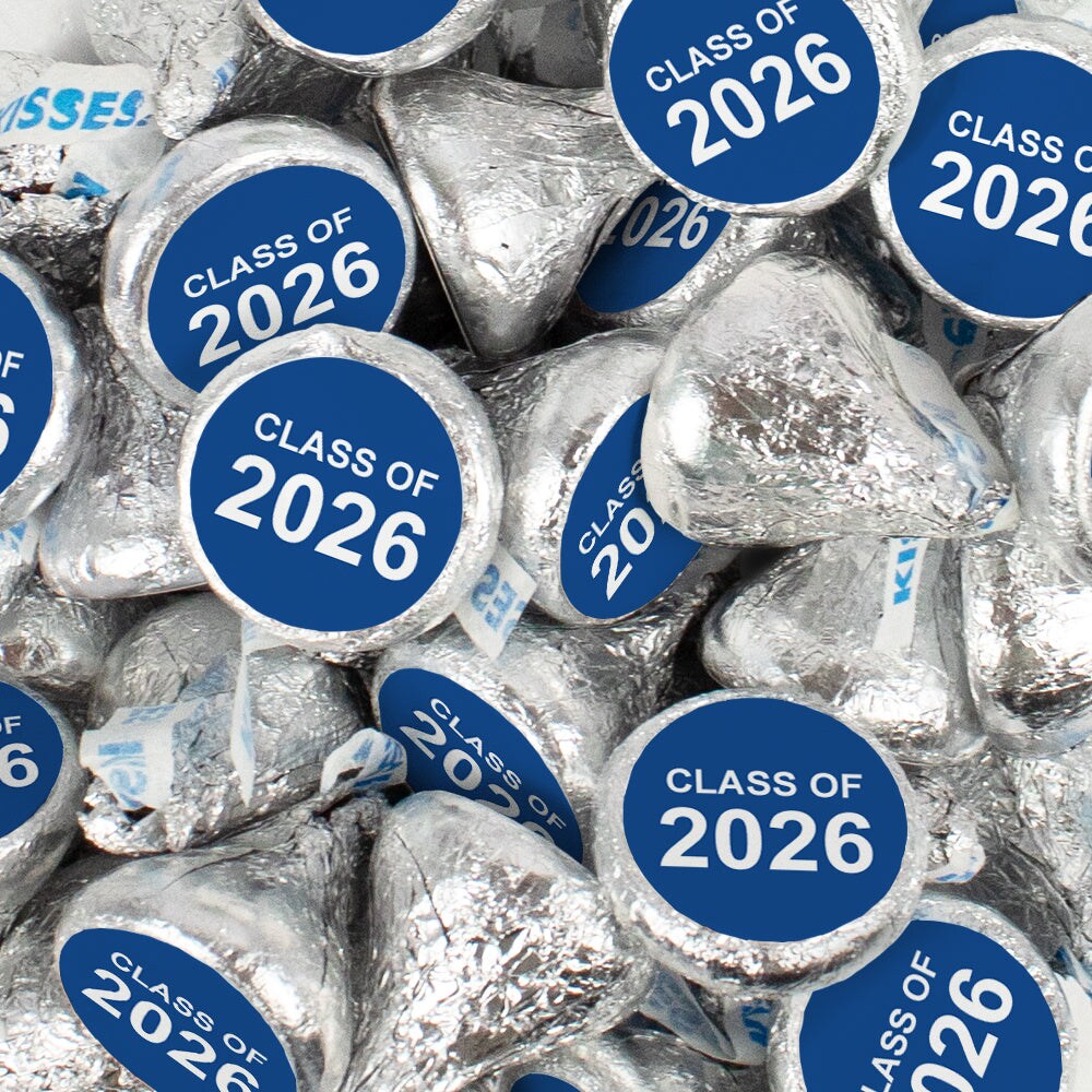 85 Pcs Blue Graduation Stickered Candy Silver Foiled Chocolate Kisses Class of 2026 Party Favors
