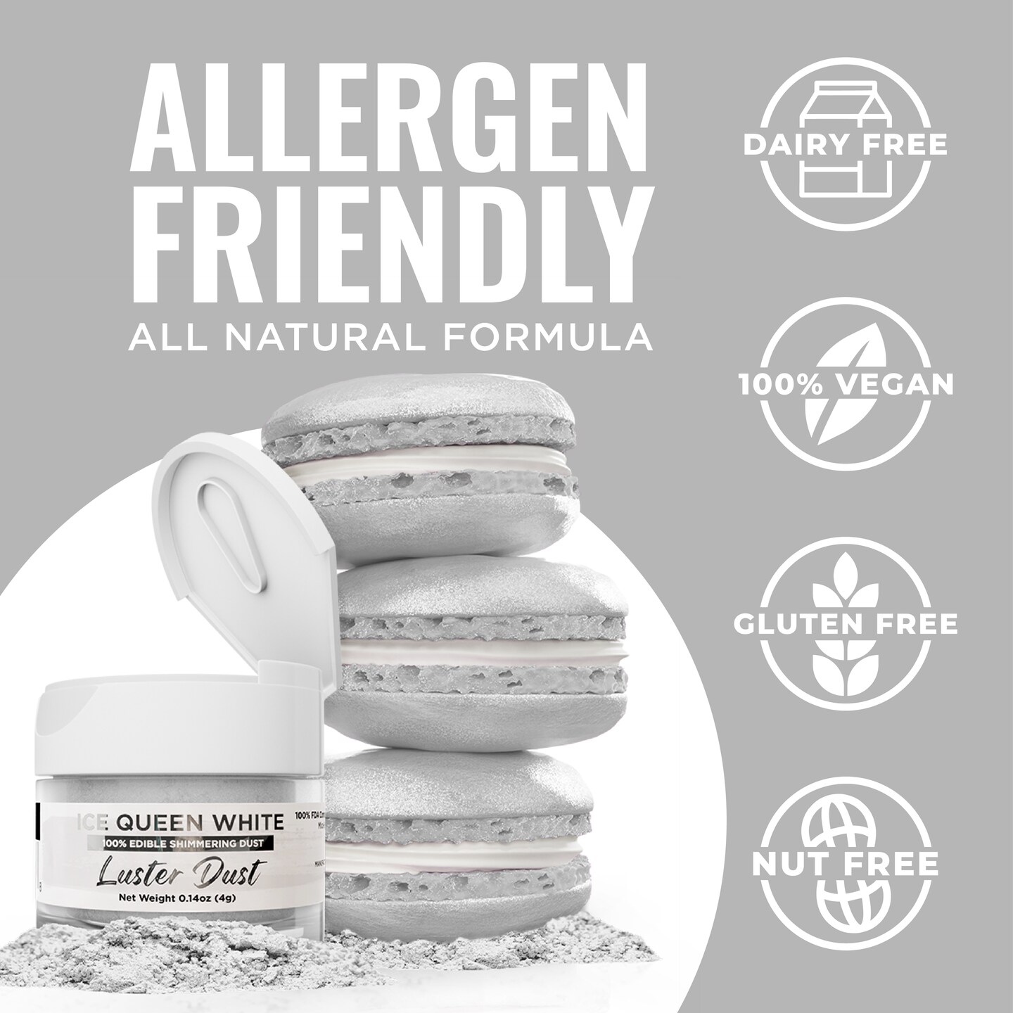 Bakell - Ice Queen White Luster Dust (4g, 1x Jar) Edible Vegan Dust & Paint for Baking, Desserts and Beverages