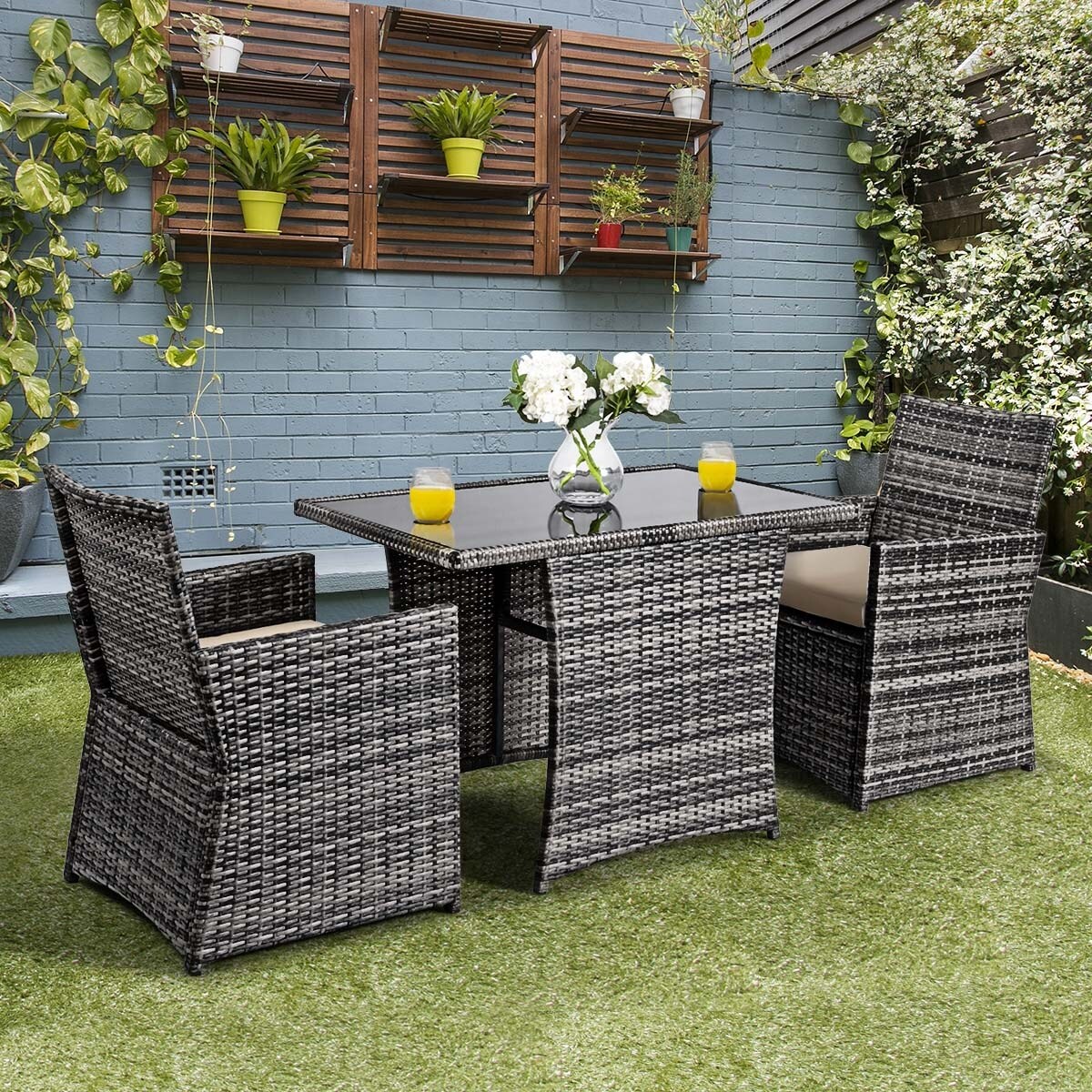 3-Piece Outdoor Rattan Patio Set Steel Frame Table 2 Chairs With Cushions Brown