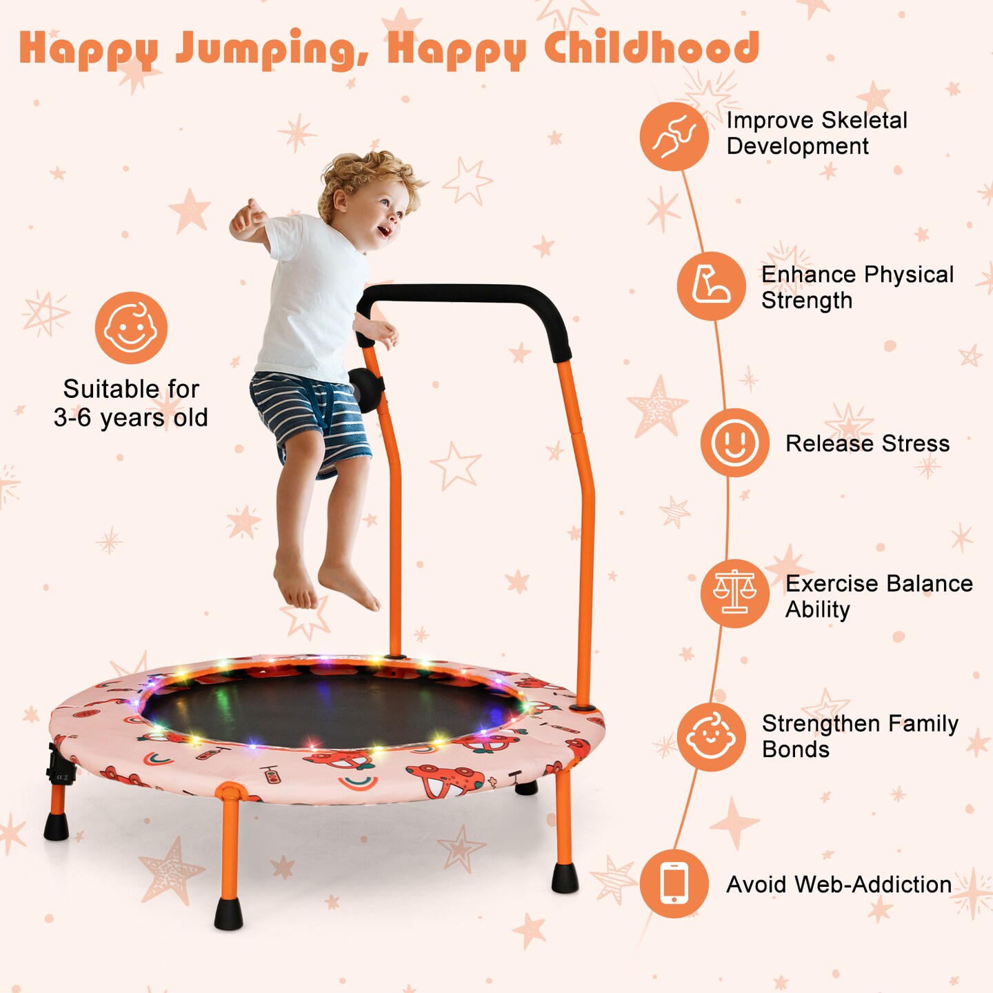 Kids Mini Trampoline with Music Lights Bluetooth Speaker Indoor Toddler Jumping Trampoline