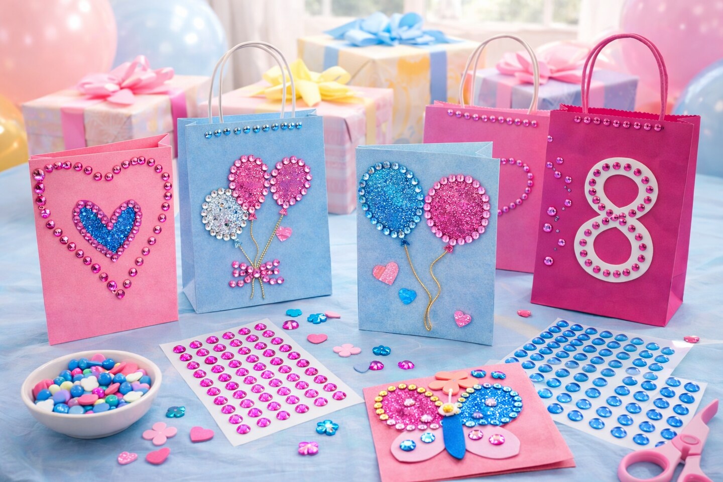 10mm Round Gemstone Stickers – Self Adhesive Craft Rhinestones, 84 Count – Gold, Silver, Pink, Blue