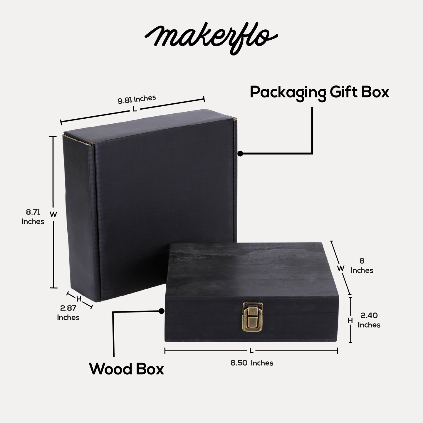 Makerflo Natural Pine Wood Cigar Box, Hinged Back & Front Clasp, Black Felt Lined, 8.5" x 8" x 2.4", Ideal for Craft - (Laser Engraving, Epoxy, UV DTF, and Vinyl)