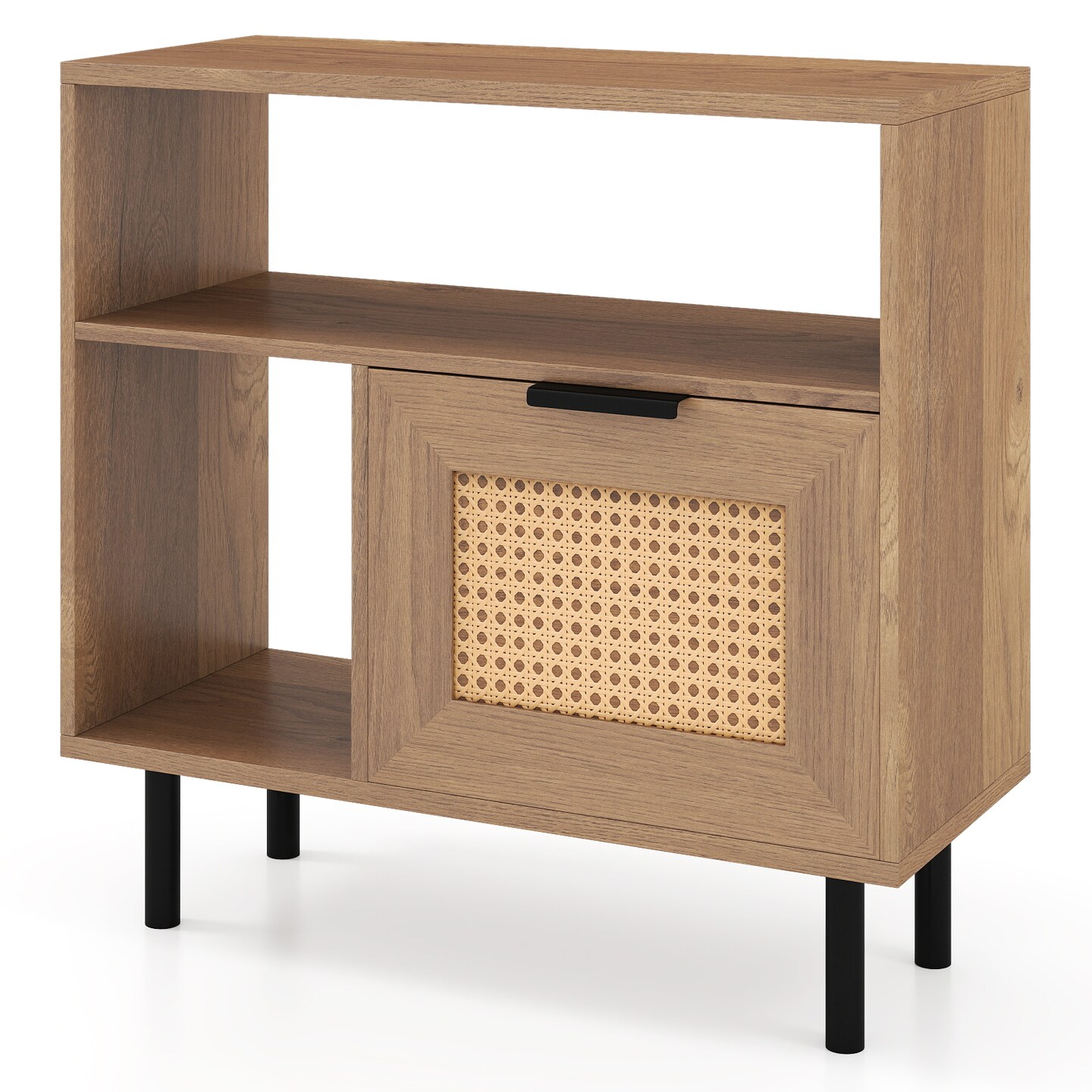 Natural Rattan Side Table Rustic Storage Cabinet With Metal Legs 24 Inch