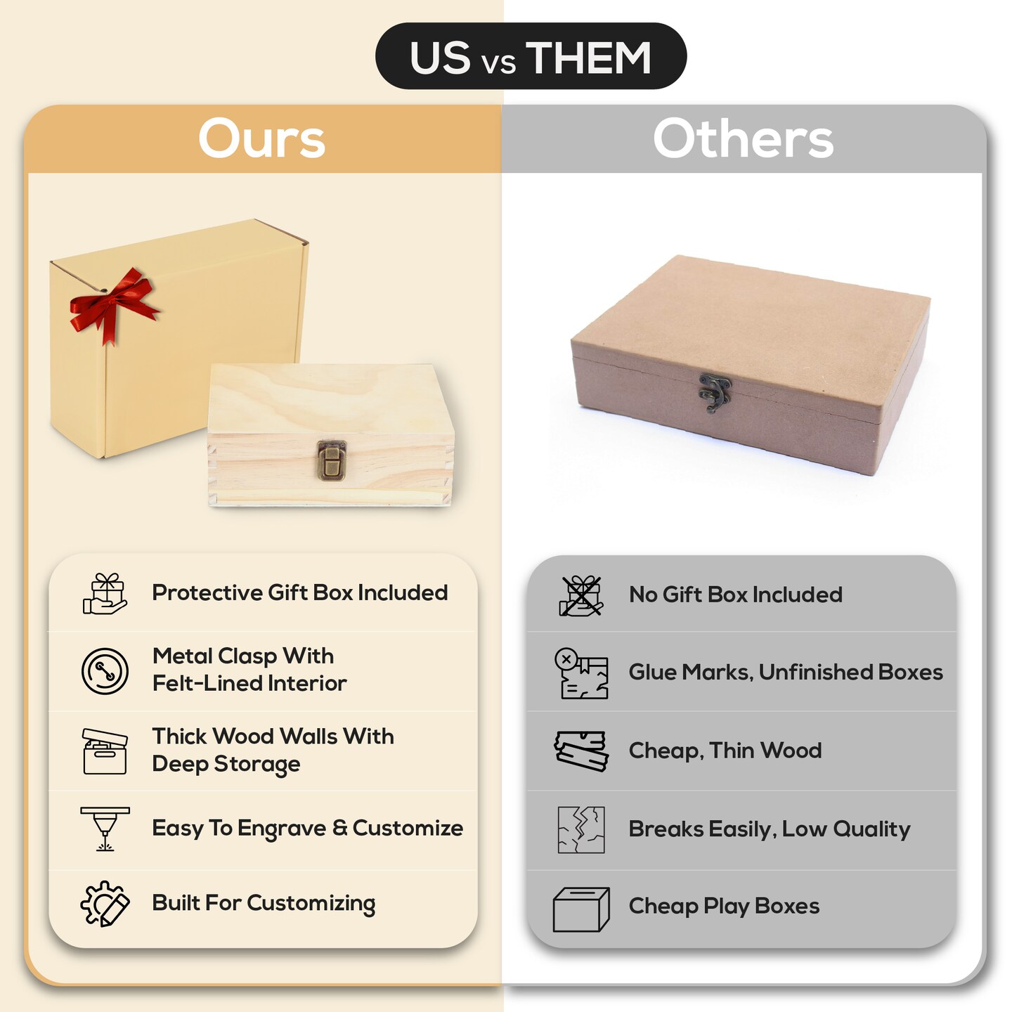 Makerflo Medium Pine Wood Memory Box with Black Felt Inside and Hinged with Clasp of Front, Keepsake Wooden Box Ideal for Craft and Personalization (Laser Engraving, Epoxy, UV DTF, and Vinyl)