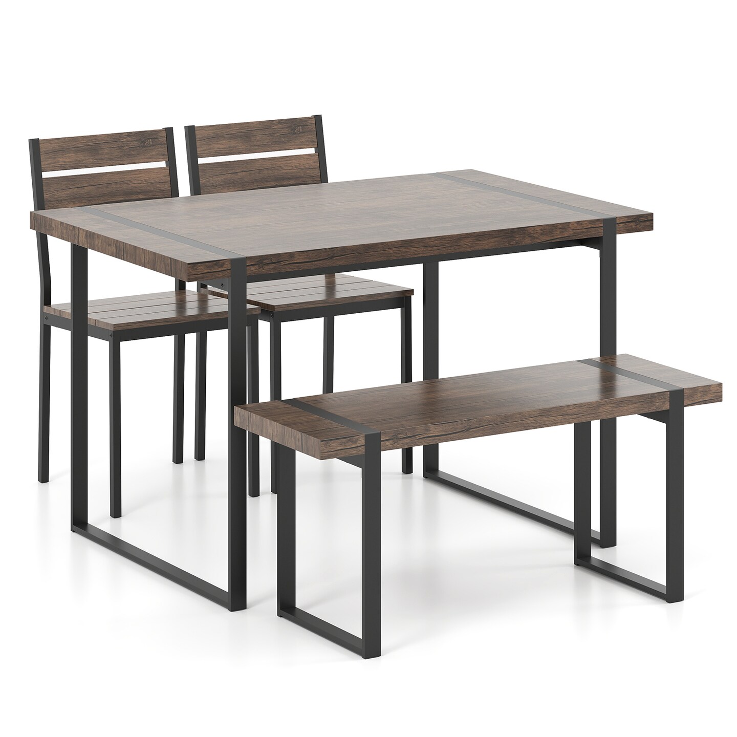 4 Piece Grey Black MDF Metal Dining Table Set with Bench and Chairs Space Saving