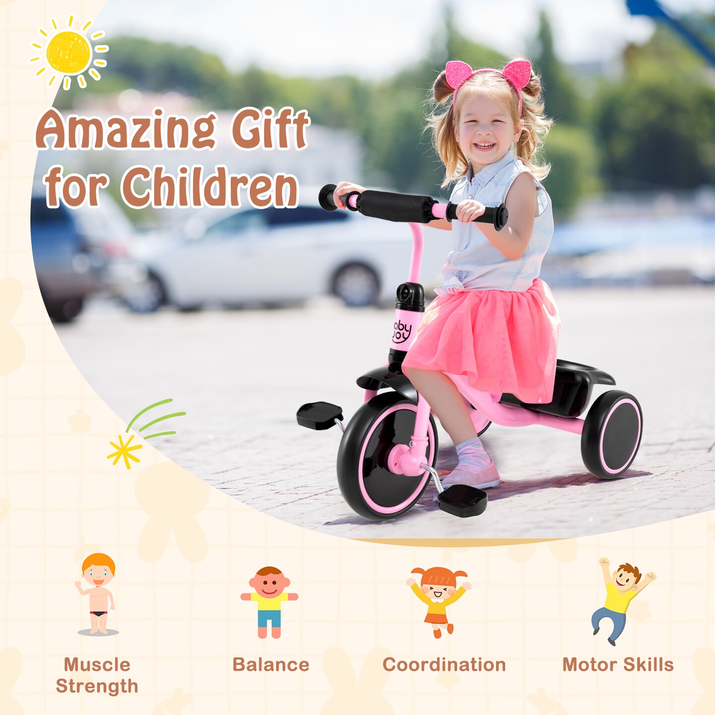 Metal Tricycle Kids Trike with Adjustable Seat and Storage Basket for Ages 3-5 Years
