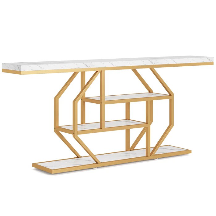 40" Accent Console Table Faux Marble Top with Geometric Metal Base