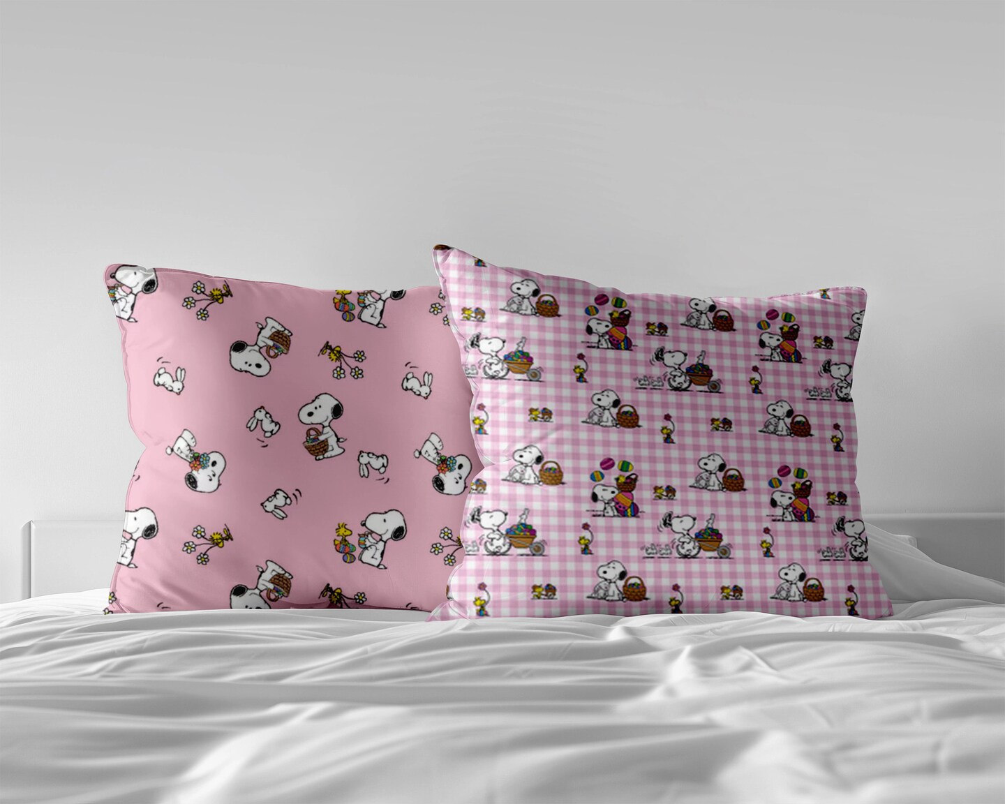 Snoopy Easter Pillow Cover - Pink Gingham Plaid Accent Pillow