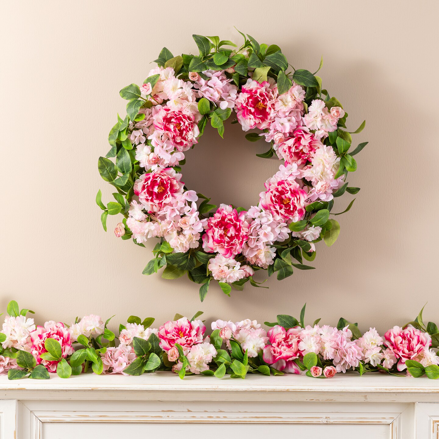 Set of 2 24"D Pink Hydrangea, Peony & Cherry Wreath Includes a Complimentary Black Metal Wreath Hanger