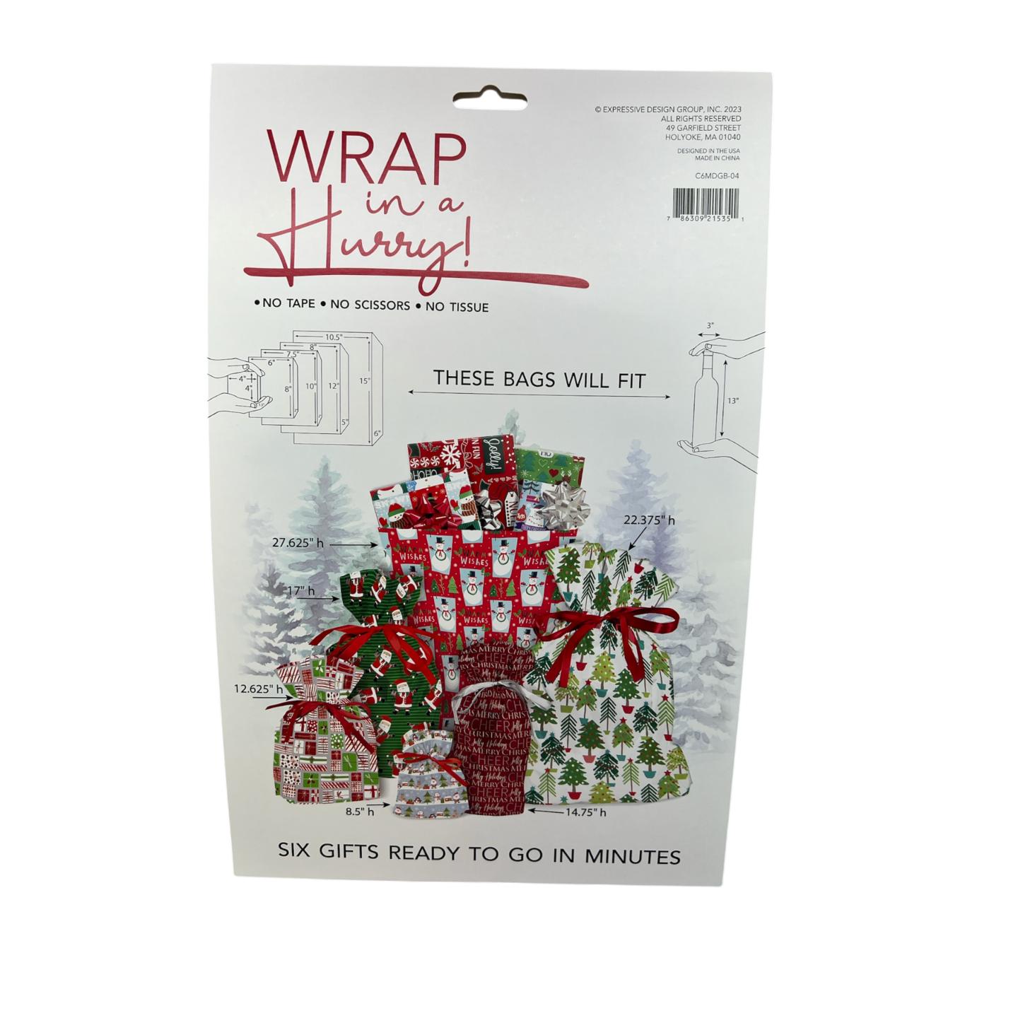Wrap In A Hurry Pull String Gift Bag 6 piece Assortment - Style 2