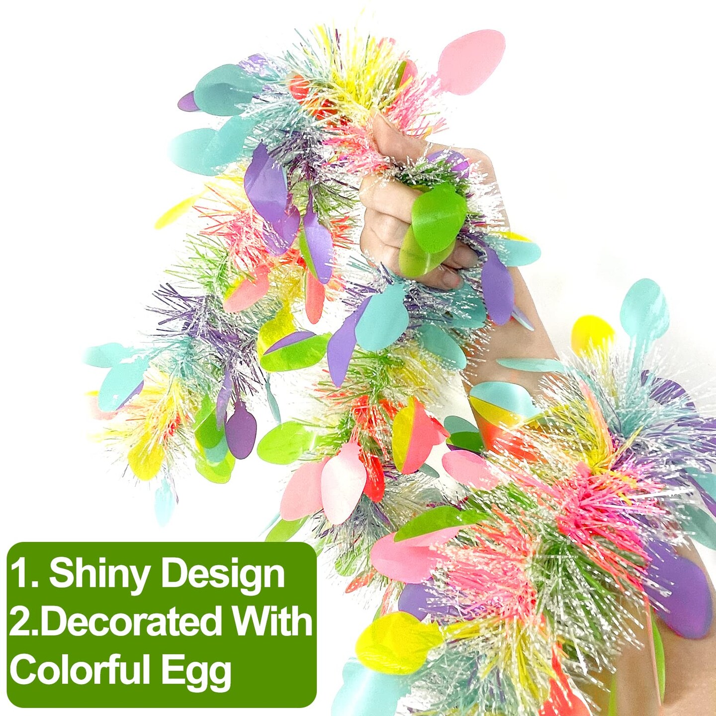 3 Pack Easter Colorful Tinsel Garlands Easter Decorations,Total 45 Ft Easter Eggs Garland Metallic Streamer Hanging Fringe Garland Easter Decorations Home Indoor Outdoor Party,Each 15Ft by 6"