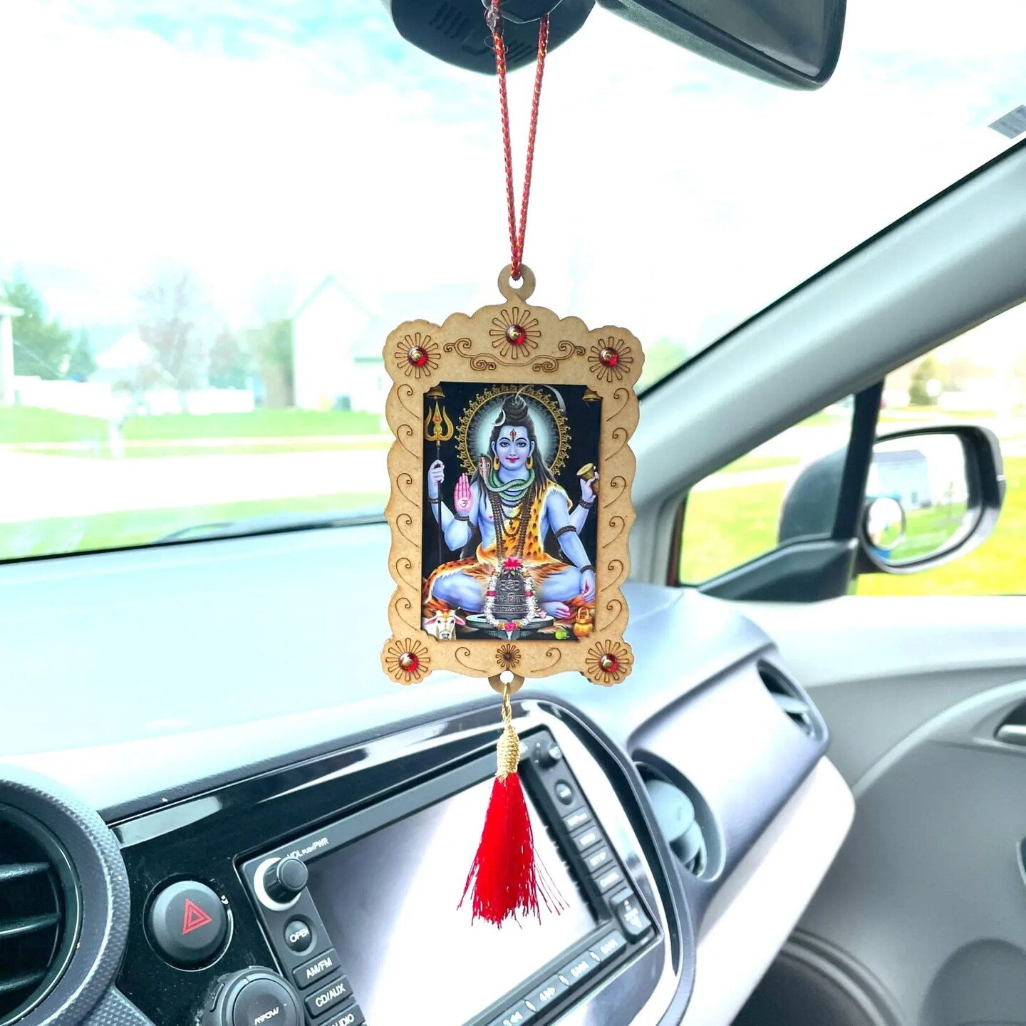 Hindu Car Hanging Ornament Car Hanger Photo Frame Rear View Mirror Car Charm Interior Decoration Accessories Car Dashboard Decor Ganesha Krishna Hanuman Om Balaji Shiv (pack of 1)