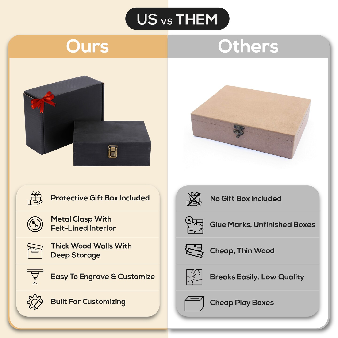 Makerflo Medium Pine Wood Memory Box with Black Felt Inside and Hinged with Clasp of Front, Keepsake Wooden Box Ideal for Craft and Personalization (Laser Engraving, Epoxy, UV DTF, and Vinyl)