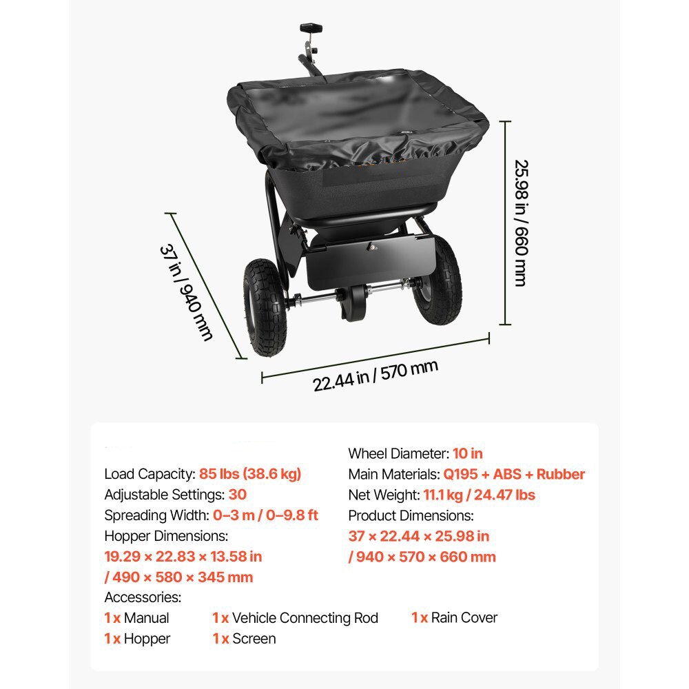Tow-Behind Broadcast Spreader 9.8 ft Width with 85 lbs Hopper