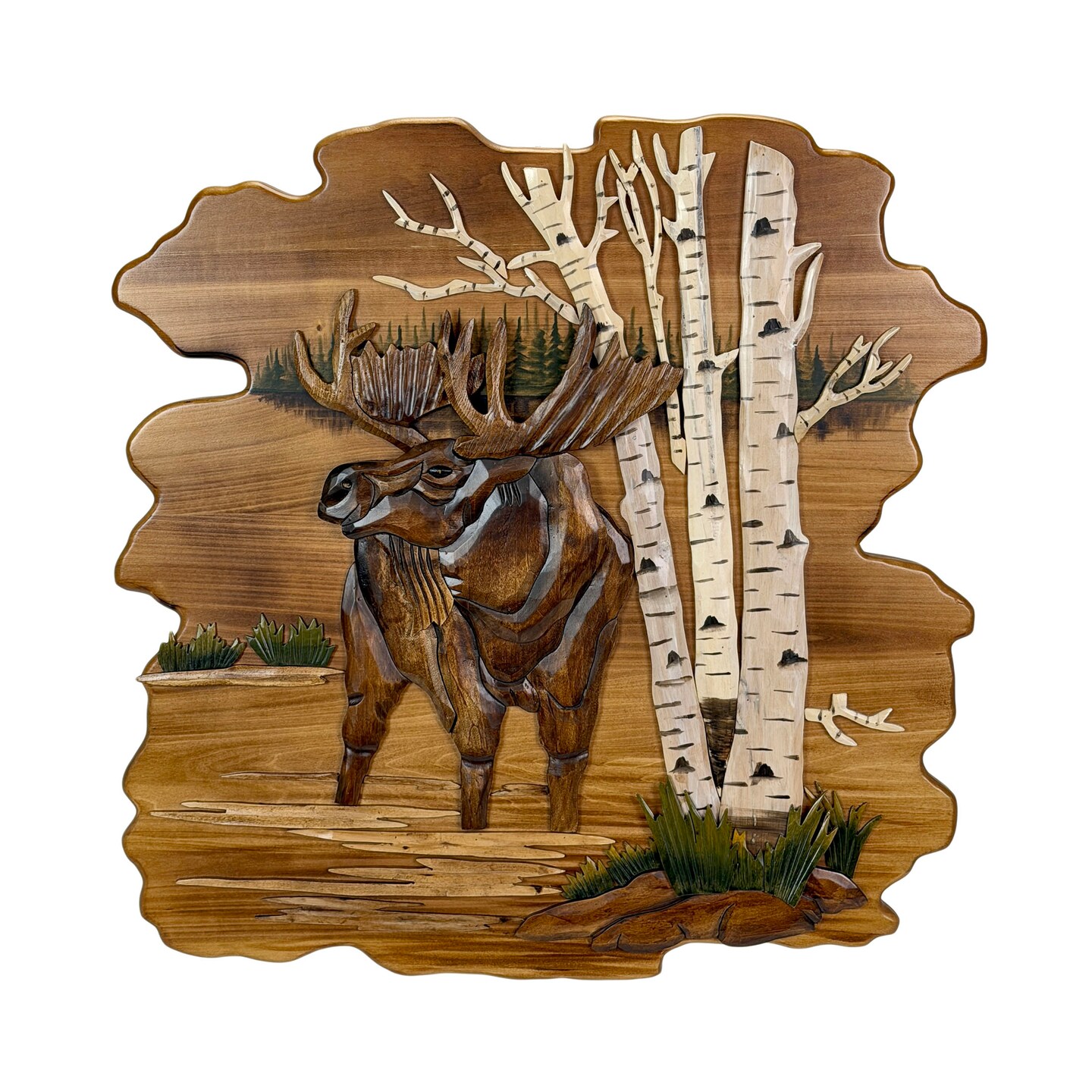 Moose in Birch Forest 23.5 inch Rustic Intarsia Wood Wall Art Sculpture