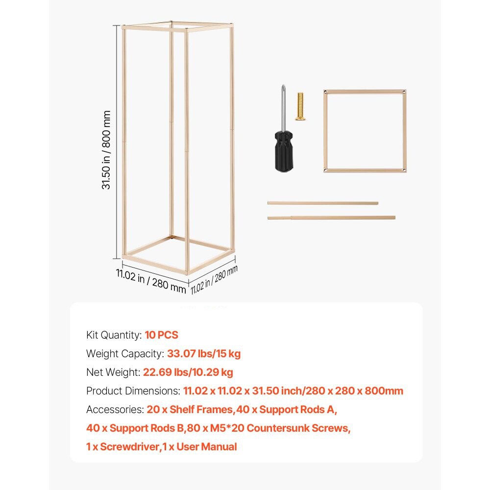 Gold Metal Rectangular Cube Floral Stand 10PCS with Optional Shelves