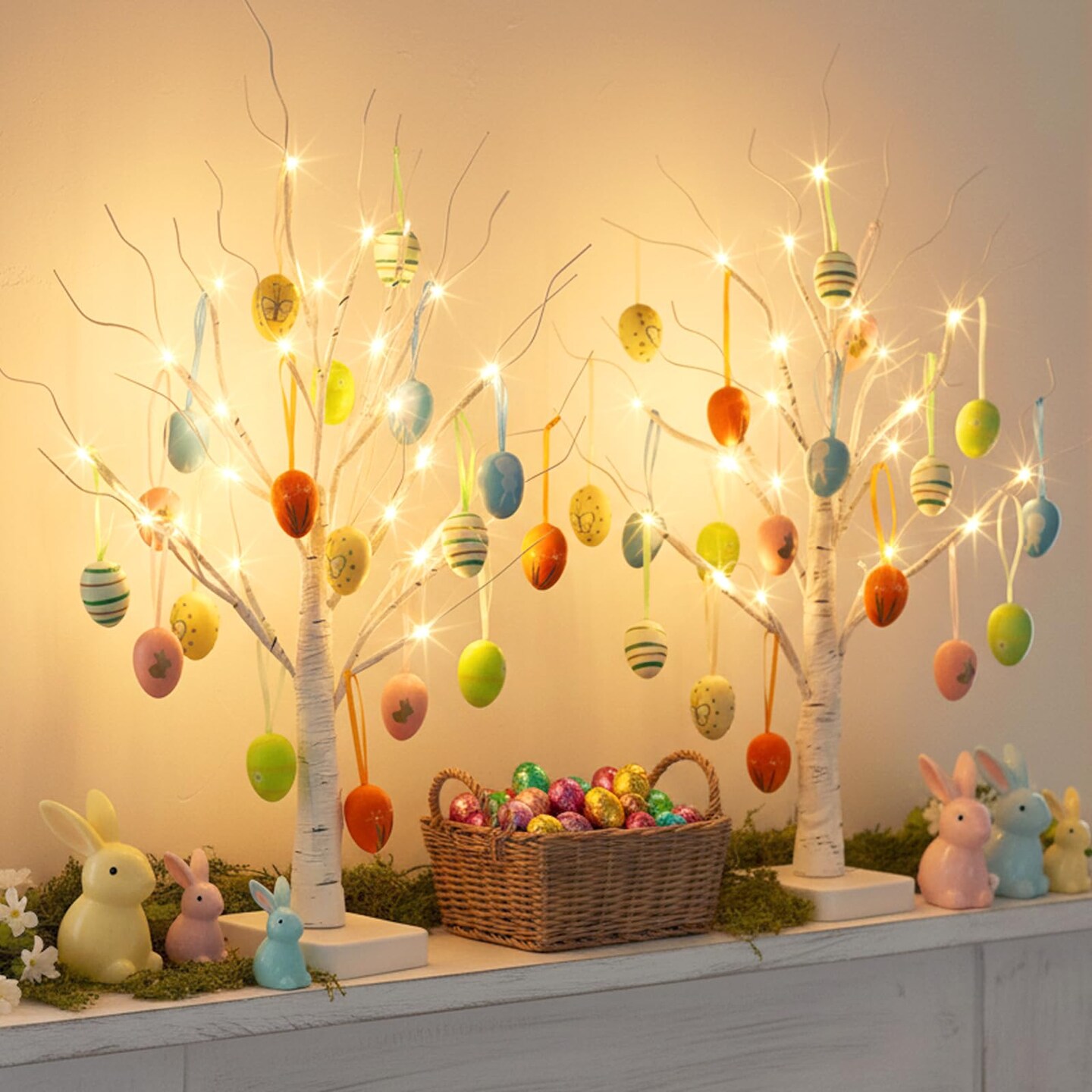 Easter Decorations, Easter Egg Tree with 36 pcs Eggs Ornaments, Lighted White Birch Tree with Timer Battery Powered, for Home Tabletop Centerpiece Spring Indoor Decorations (2 Pack 24 LED)