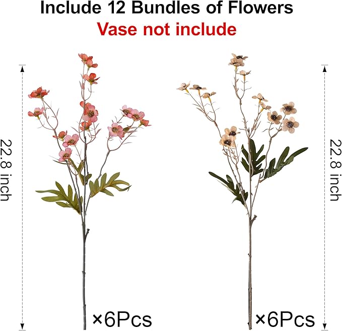 Artificial Wild Flowers Indoor, 12 Pcs Long Stems Fake Flowers Silk Faux Flowers for Vase Filler Table Centerpiece Floral Arrangement Home Decor, Light Red Champagne