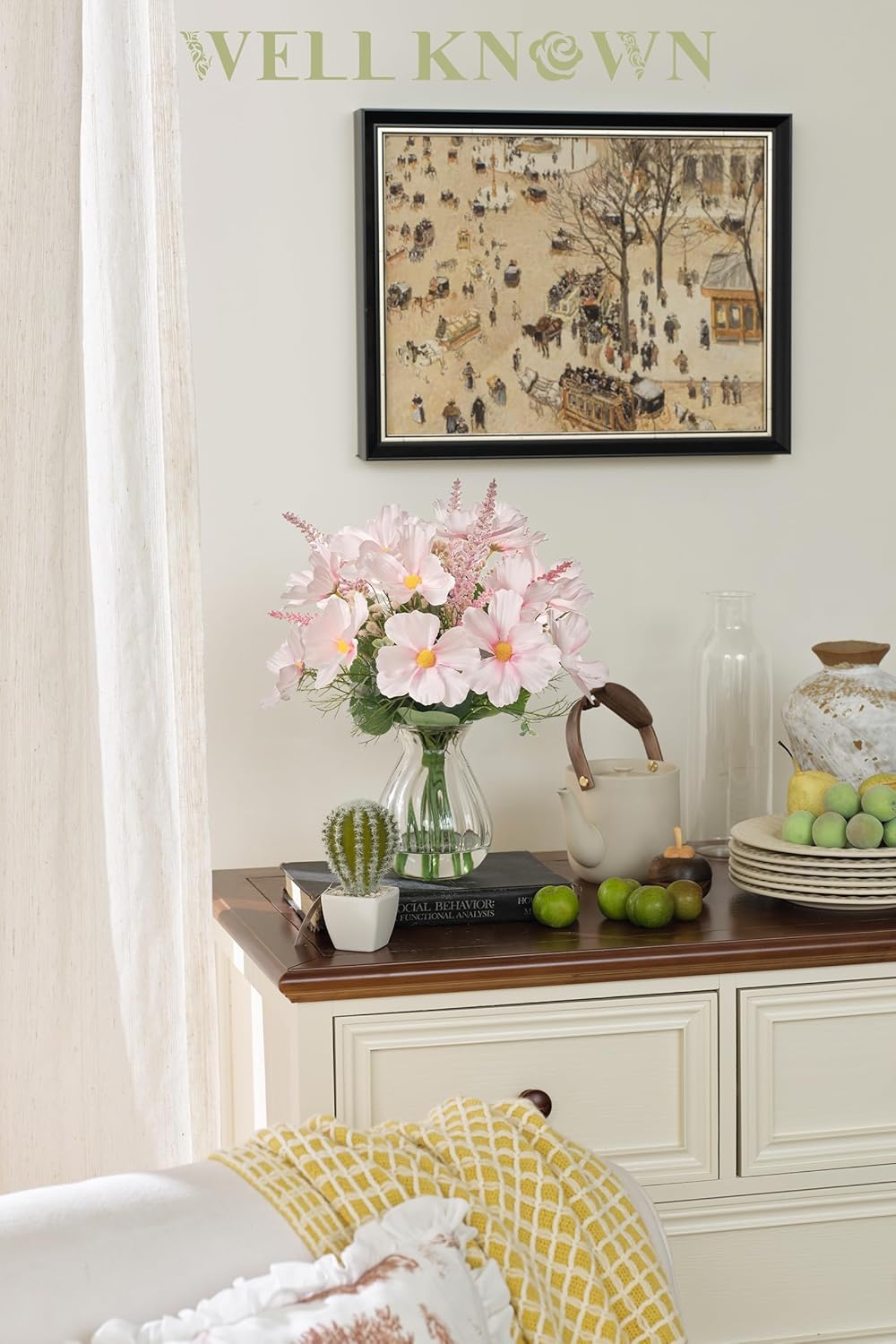 Artificial Flowers in Vase for Spring Home Decor, Fake Silk Pink Flowers with Glass Vase with Fake Water, Fake Astillbe Eucalyptus for Wedding Party Bathroom Farmhouse Kitchen Dining Table