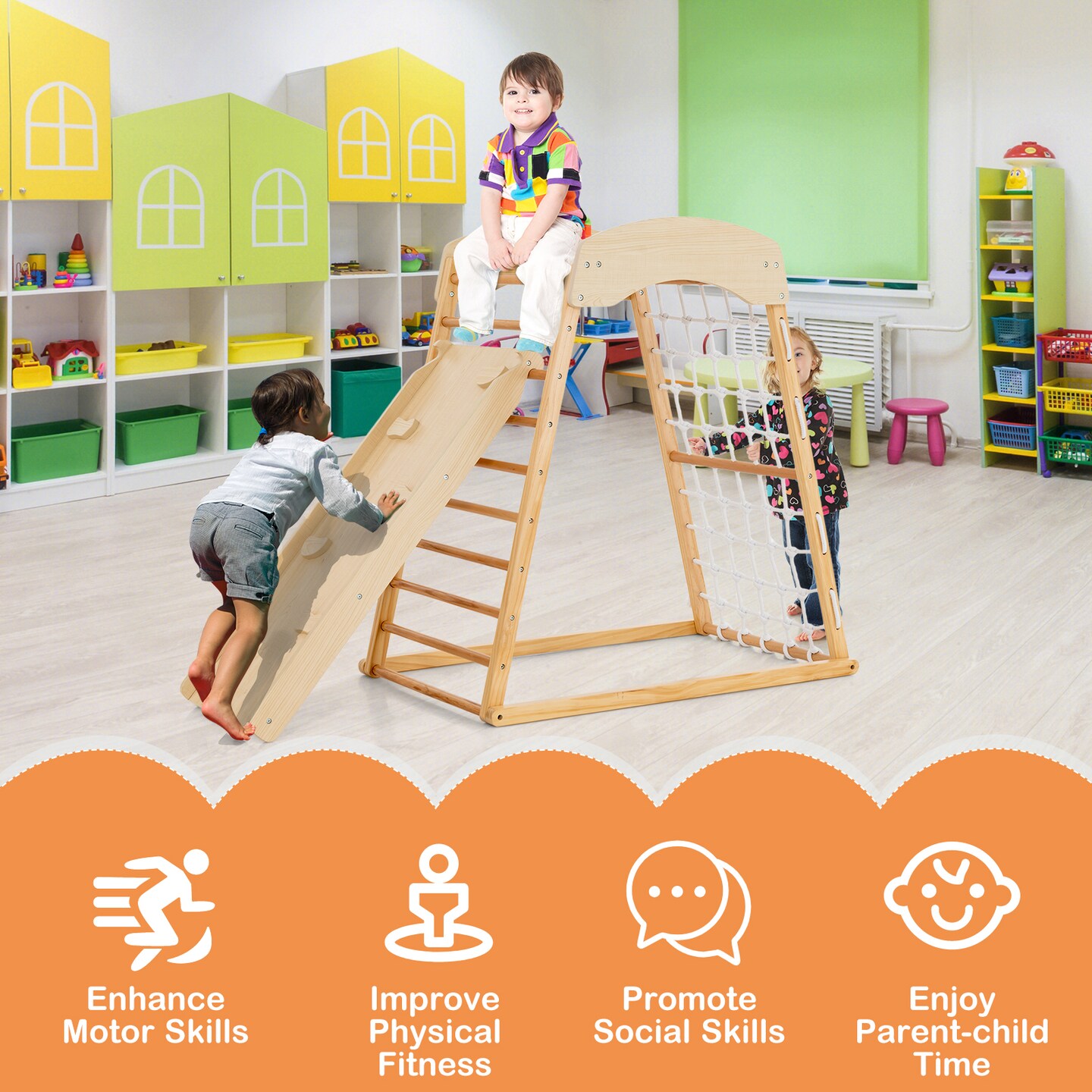 6-in-1 Kids Indoor Playground Wooden Jungle Gym with Climbing Features