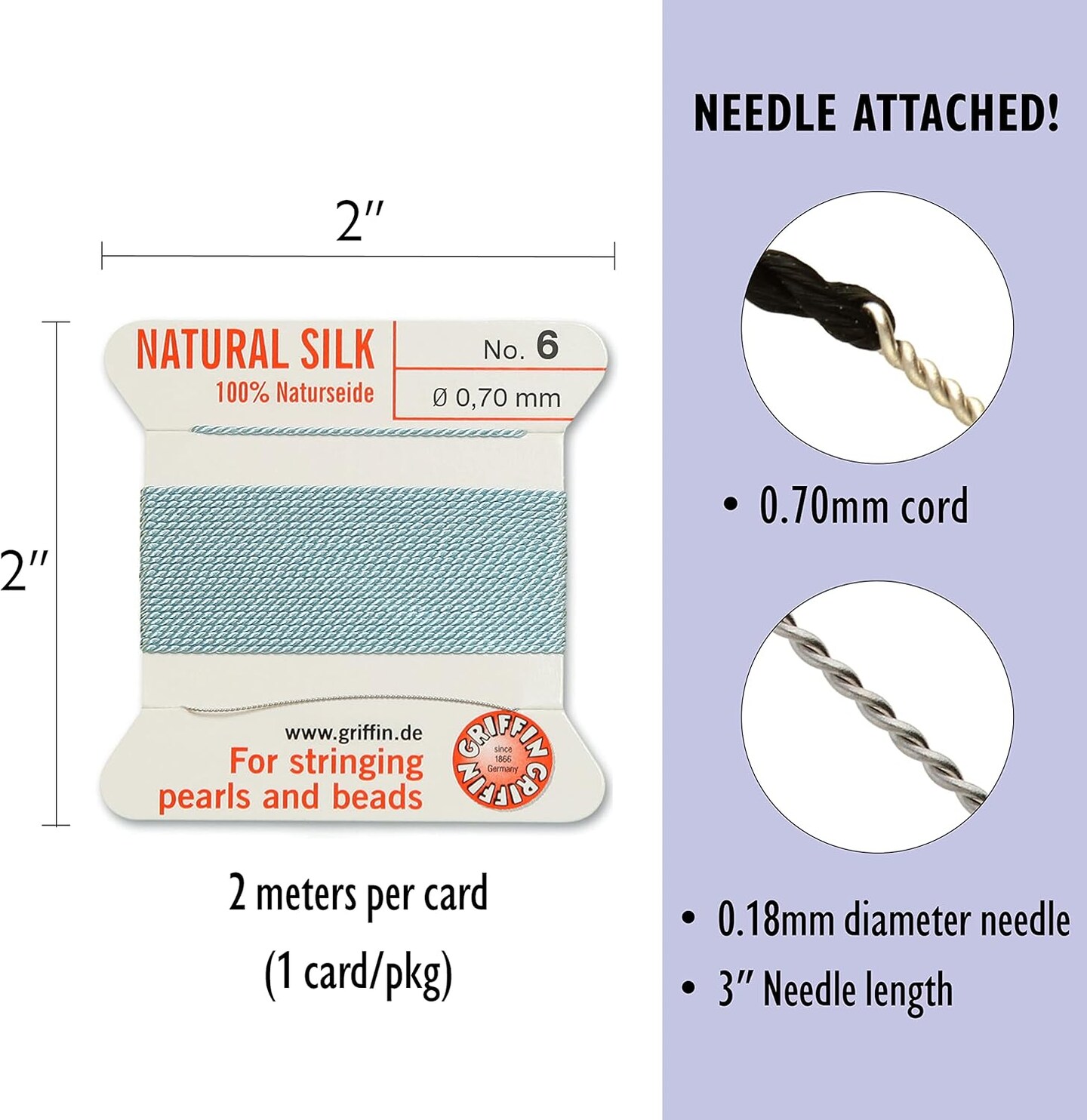 Griffin Silk Bead Cord Perlseide – Size 6 (0.70mm) – 2 Meters per Card – Stainless Steel Needle Attached – for Knotting Pearls, Gemstones, Crystals and Beads