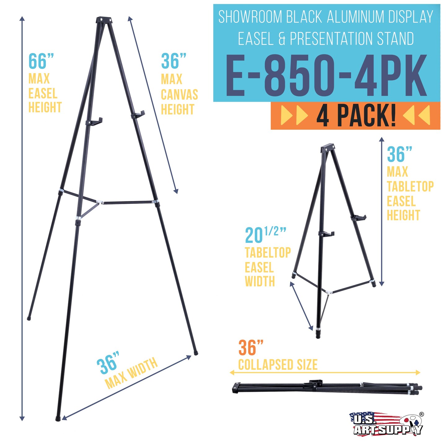 66&#x22; High Black Metal Display Easel (4 Pack) - Large Adjustable Height Portable Easel Stand, Sign Display, Holds 25 lbs - Floor &#x26; Tabletop Easels, Painting Stand