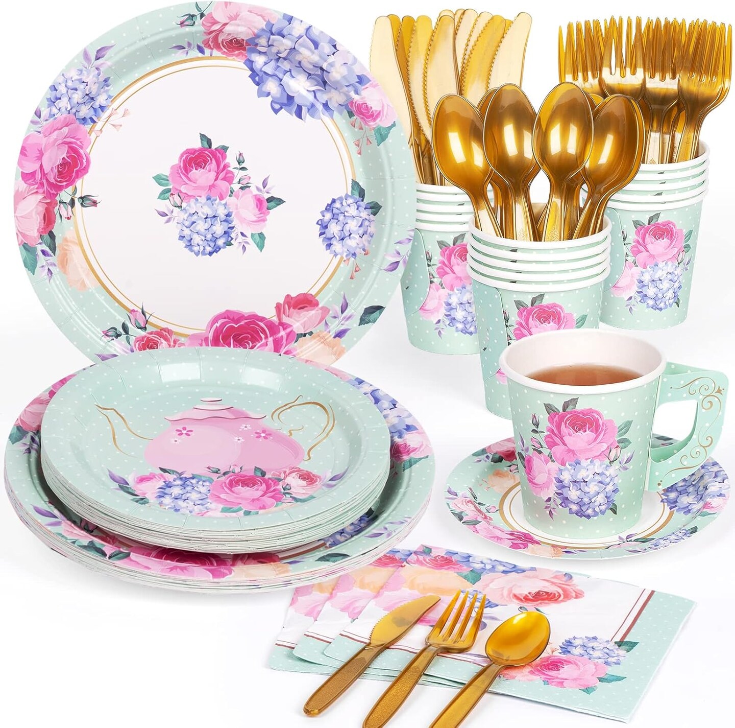 Tea Party Supplies Serves 16, Tea Party Plates and Napkins Sets, Paper Saucers, Tea Cups with Handles for Girl&#x27;s Birthday, Baby Shower, Total 128 PCS