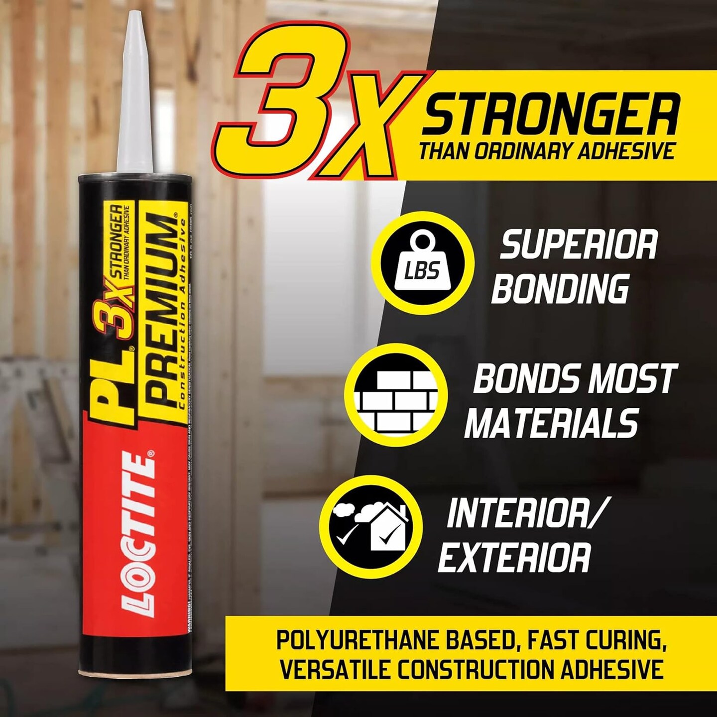 PL Premium Polyurethane Construction Adhesive, Versatile Construction Glue for Wood, Concrete, Stone, Metal & More