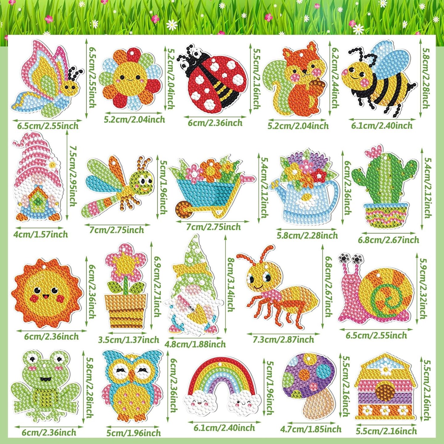 20 Pcs Summer Diamond Painting Kits for Kids 5d Diamond Art Keychains Flower Insect Animal Bee Frog Craft Tags Creative Ornament Gifts Spring Summer Decor for Kids Adults