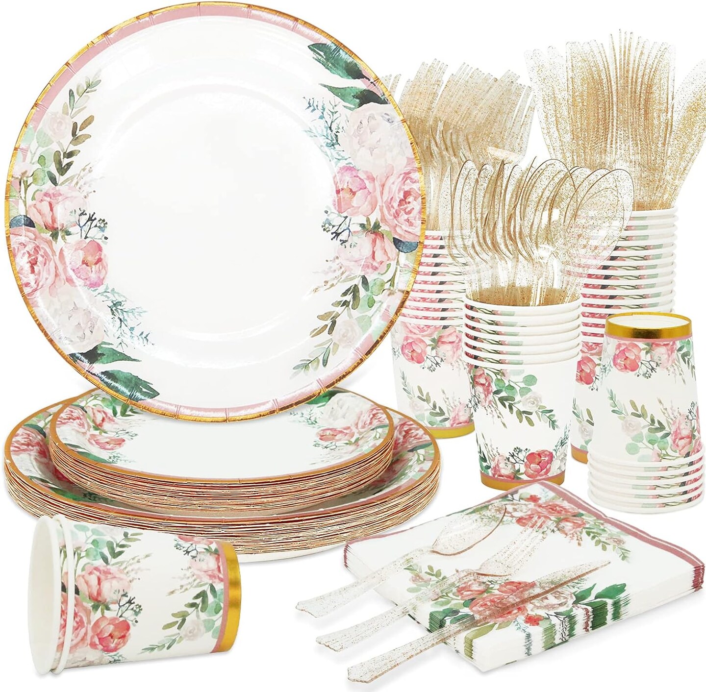 Floral Party Supplies – Bridal Shower Paper Plates & Napkins Set for 24 Guests, Disposable Dinnerware Kit with Plates, Cups & Cutlery for Baby Shower or Tea Party