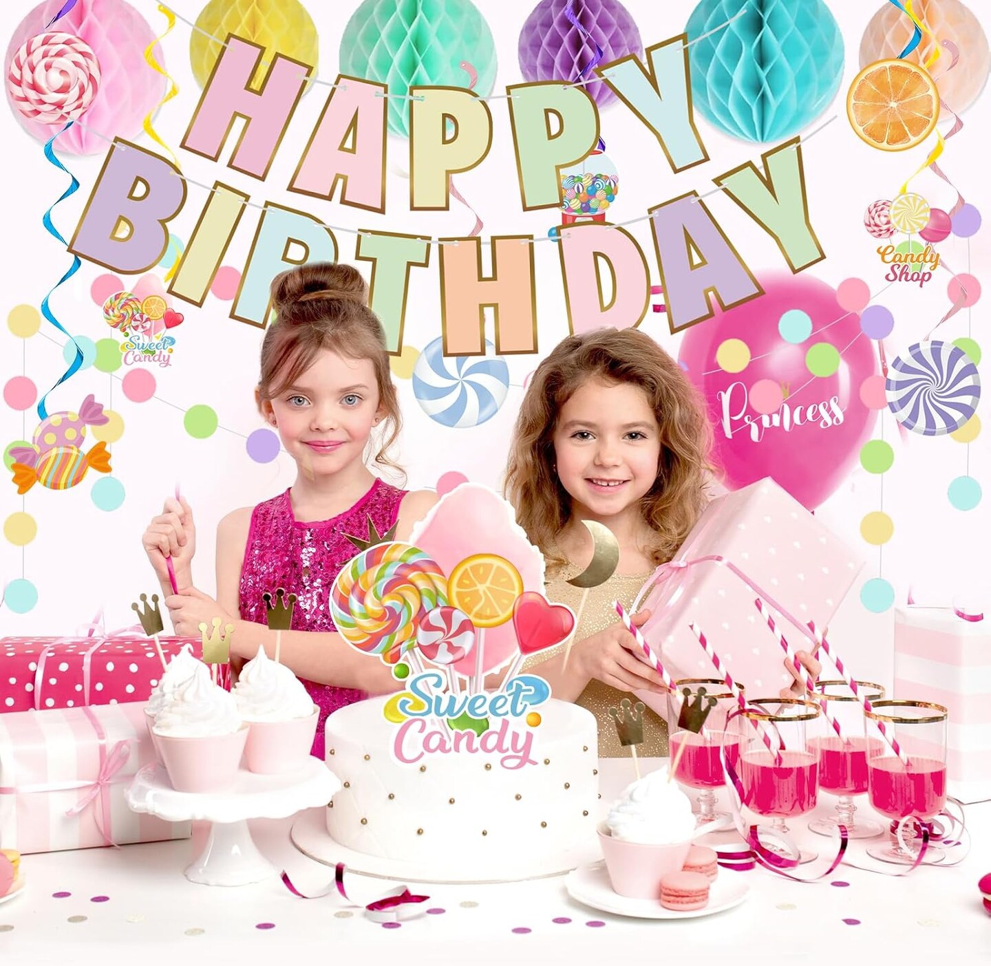 Macaron Happy Birthday Banner Candyland Hanging Swirls Colorful Flag Bunting Circle Confetti Honeycomb Ball