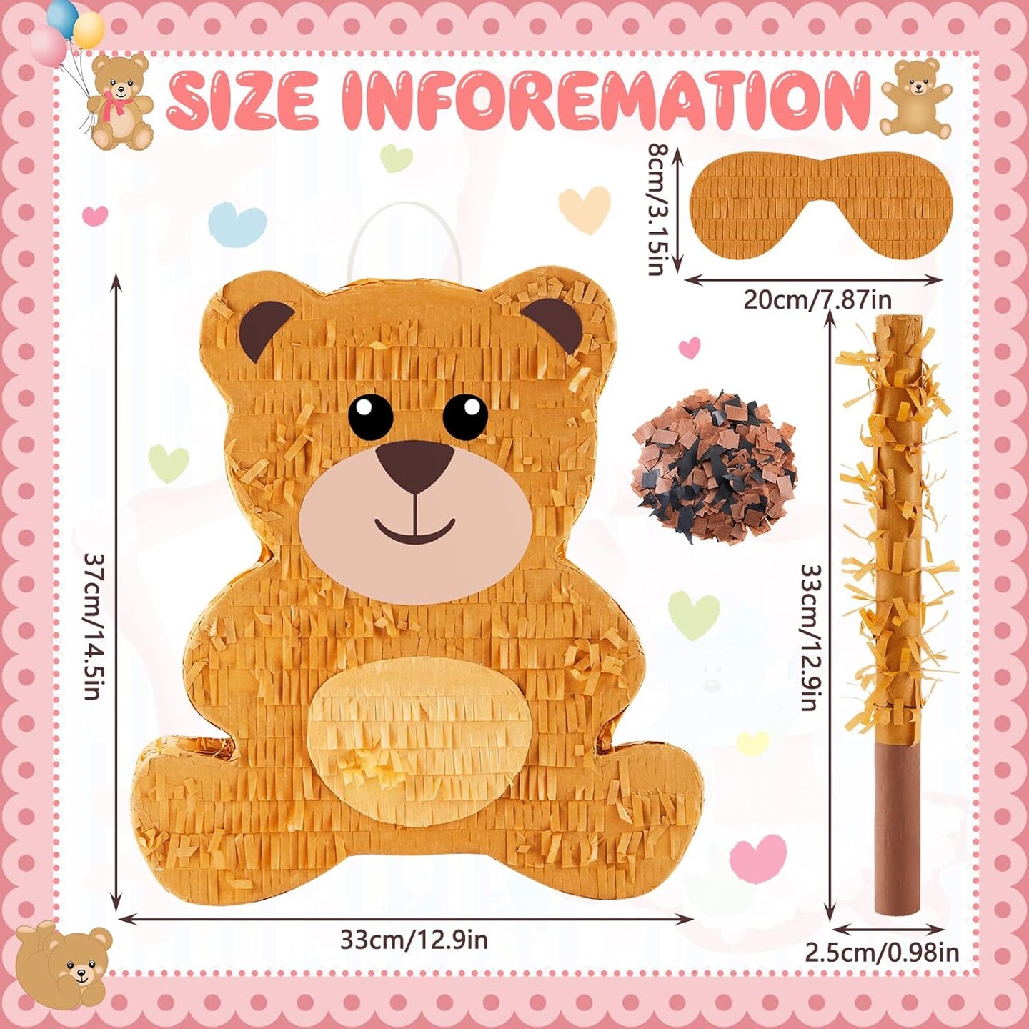 14.5 Inch Bear Pi&#xF1;ata Bear Themed Birthday Party Supplies Animal Pi&#xF1;ata with Wood Bat Stick, Paper Blindfold and Confetti for Valentine&#x2018;s Day Baby Shower Party Decor Kid Adult Boy Girl