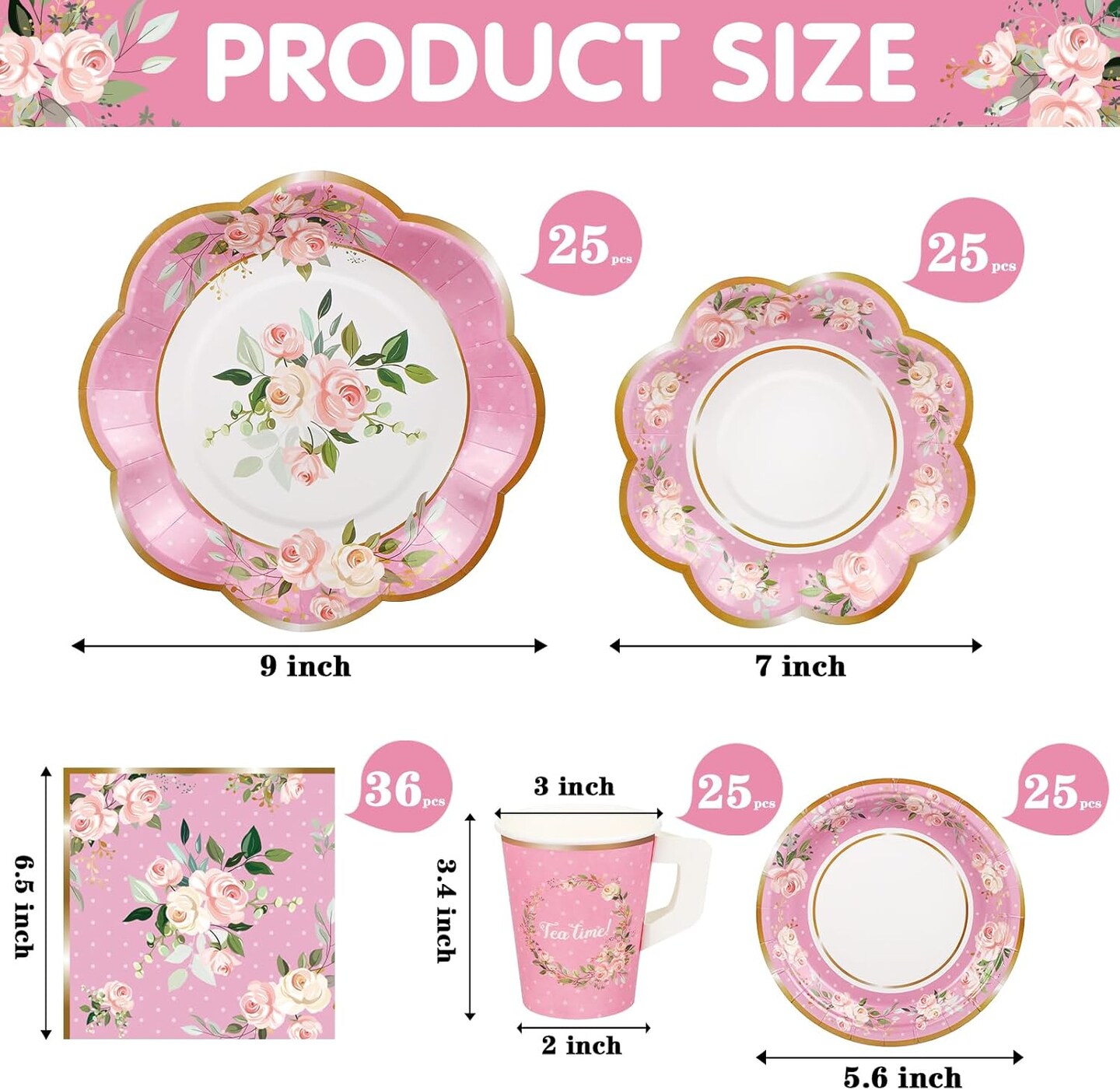 136Pcs Floral Tableware set Tea Party Supplies for 25 Floral Tea Cups with Handle 9&#x201D; 7&#x201D; Floral Paper Plates Disposable Flower Cups and Saucers Sets for Garden Birthday Bridal Wedding,Pink