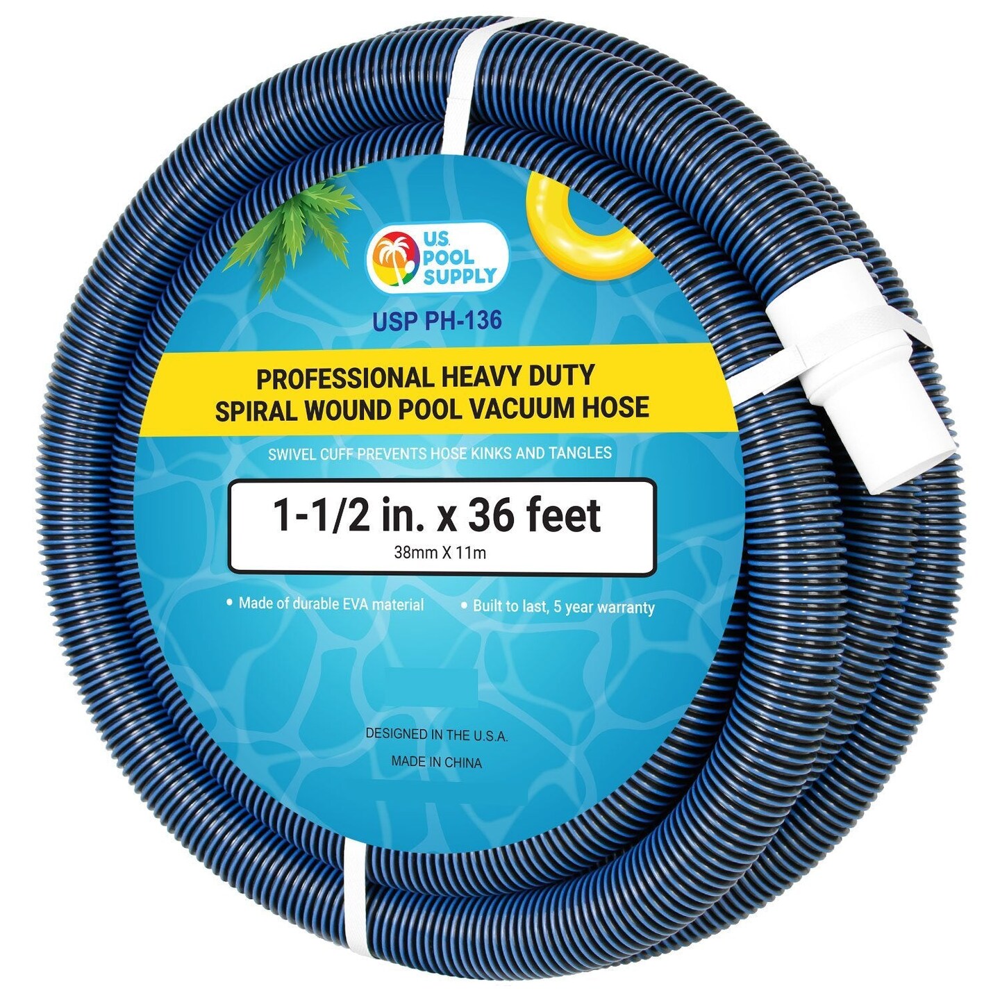 U.S. Pool Supply&#xAE; 1-1/2&#x22; x 36 Foot Heavy Duty Spiral Wound Swimming Pool Vacuum Hose with Kink-Free Swivel Cuff, Flexible - Connect to Vacuum Heads
