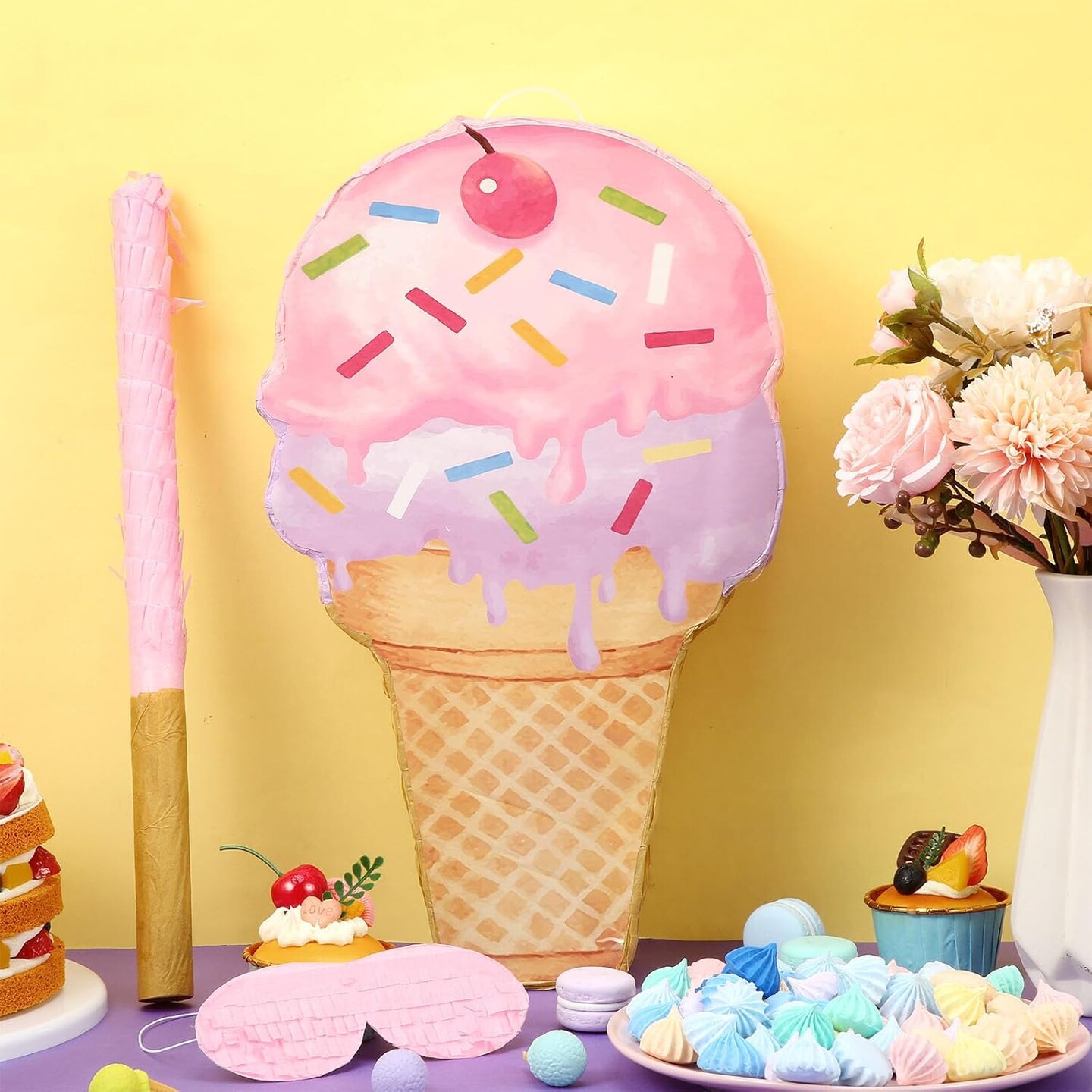 Pink Ice Cream Pi&#xF1;ata Cute Dessert Cone Shaped Pi&#xF1;ata with Stick Blindfold for Ice Cream Candy Birthday Party Summer Baby Shower Wedding Party Supplies Decor,