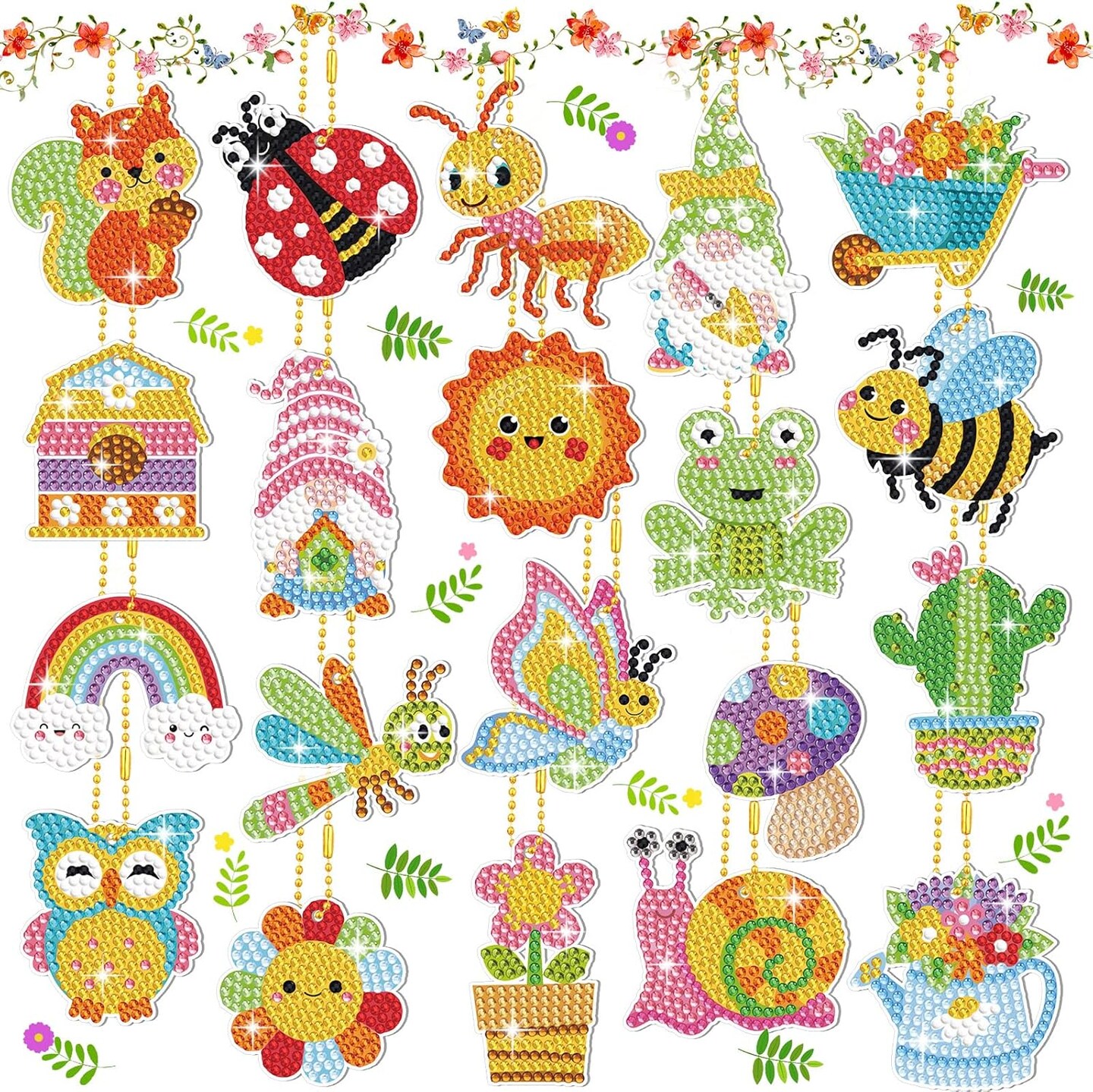 20 Pcs Summer Diamond Painting Kits for Kids 5d Diamond Art Keychains Flower Insect Animal Bee Frog Craft Tags Creative Ornament Gifts Spring Summer Decor for Kids Adults