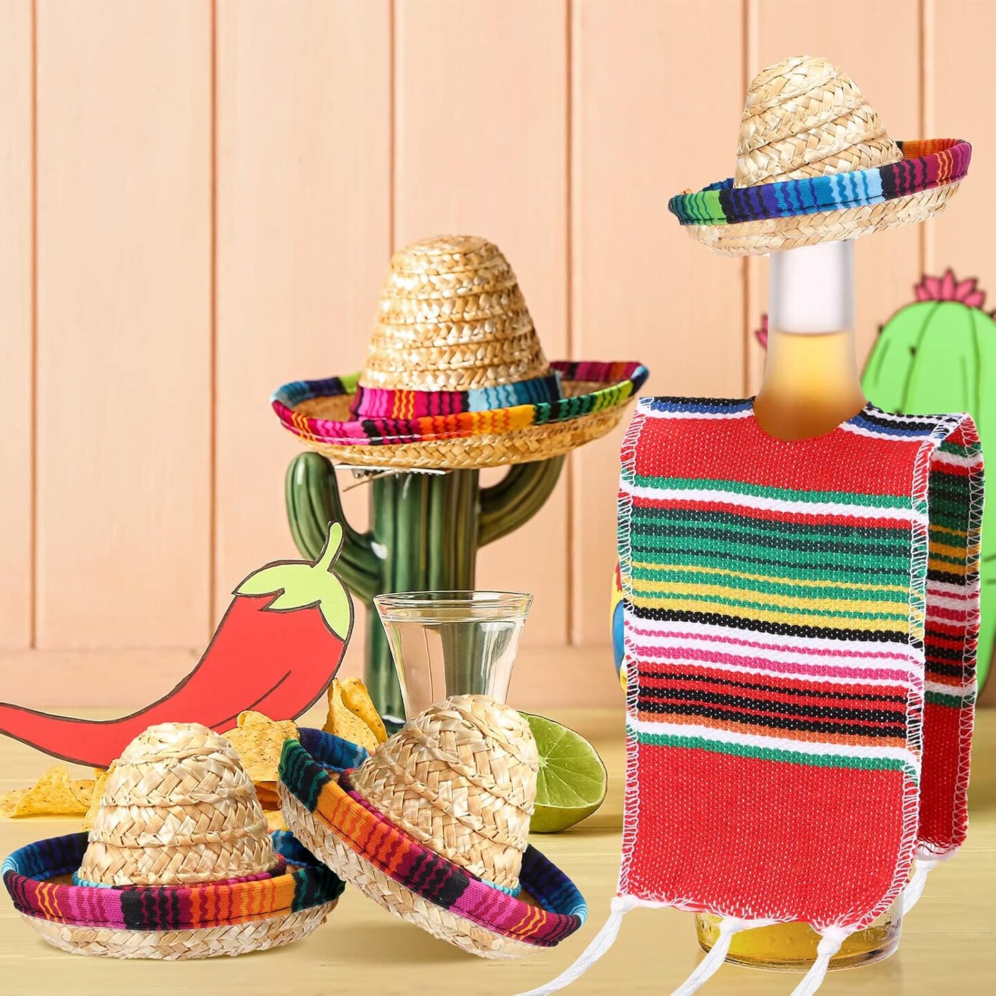 24 Sets Tiny Sombrero Hats Mini Serapes for Bottles Colorful Beer Poncho Cover Cape Sombrero Bottles Topper for Cinco De Mayo Mexican Fiesta Party Table Decorations