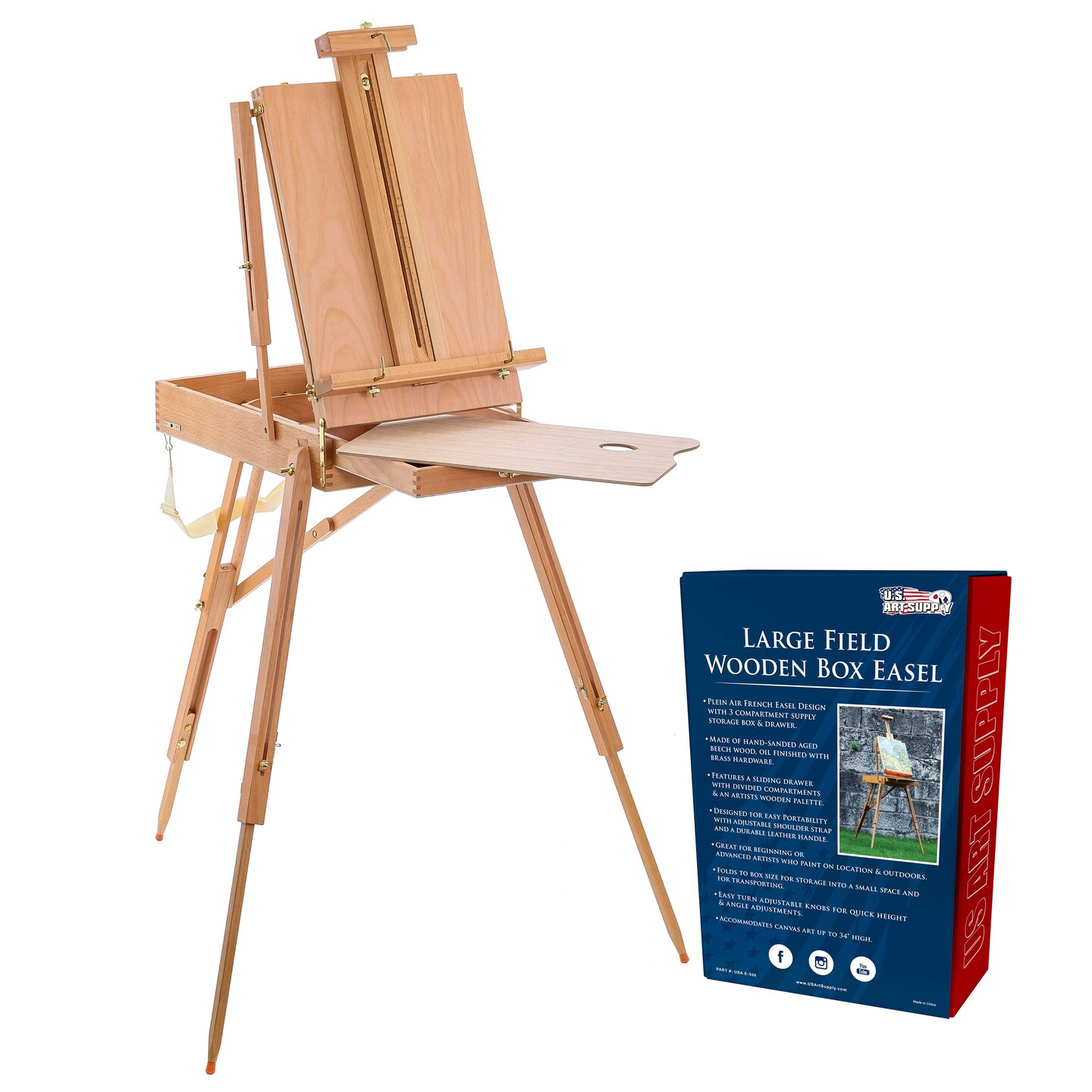 Large Beechwood French Easel, Adjustable Plein Air Easels Sketchbox Tripod for Field & Studio Painting Easel for Adults, Drawing, Display - Portable with Artist Drawer & Palette