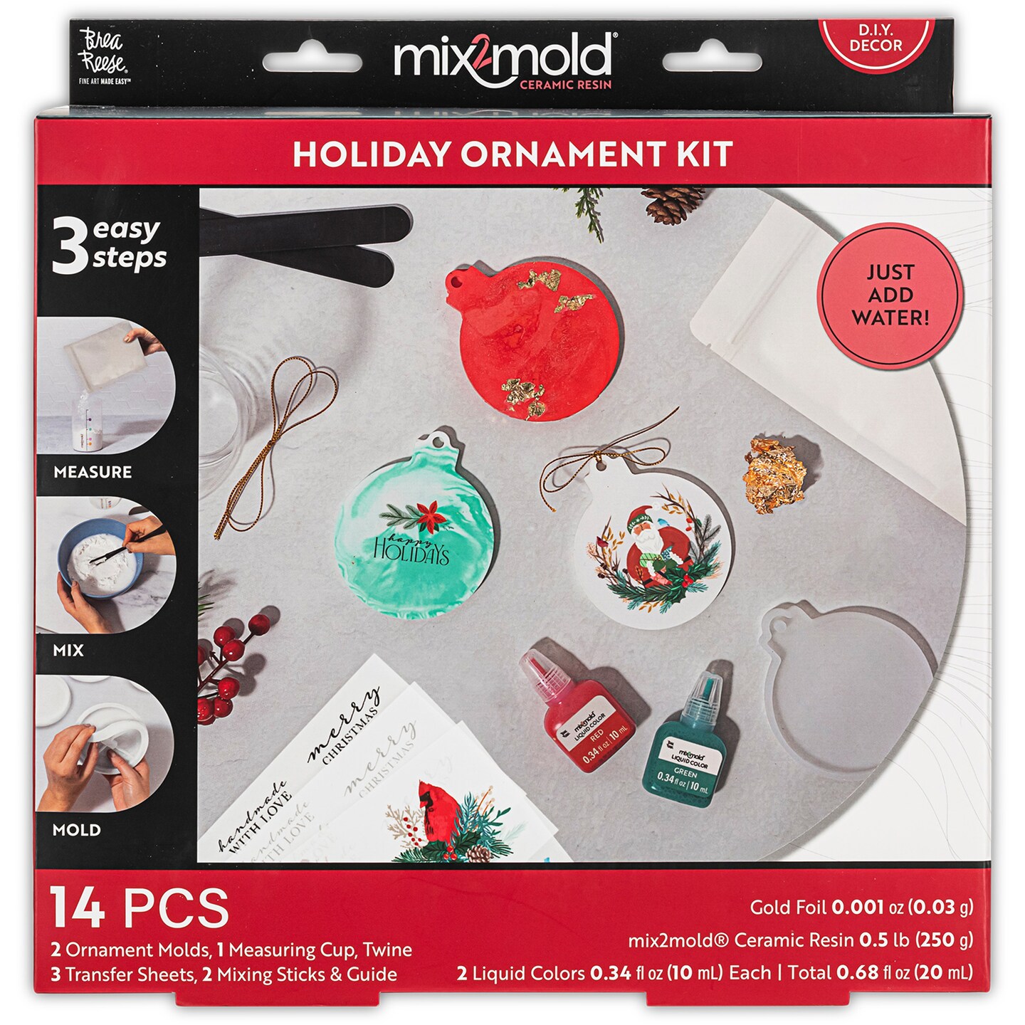 Brea Reese: Mix2Mold Ceramic Resin Holiday Ornament Kit - DIY 6 Resin Ornaments, All-In-1 Mold Craft Kit, Holiday-Themed, Festive Adult Art Activity