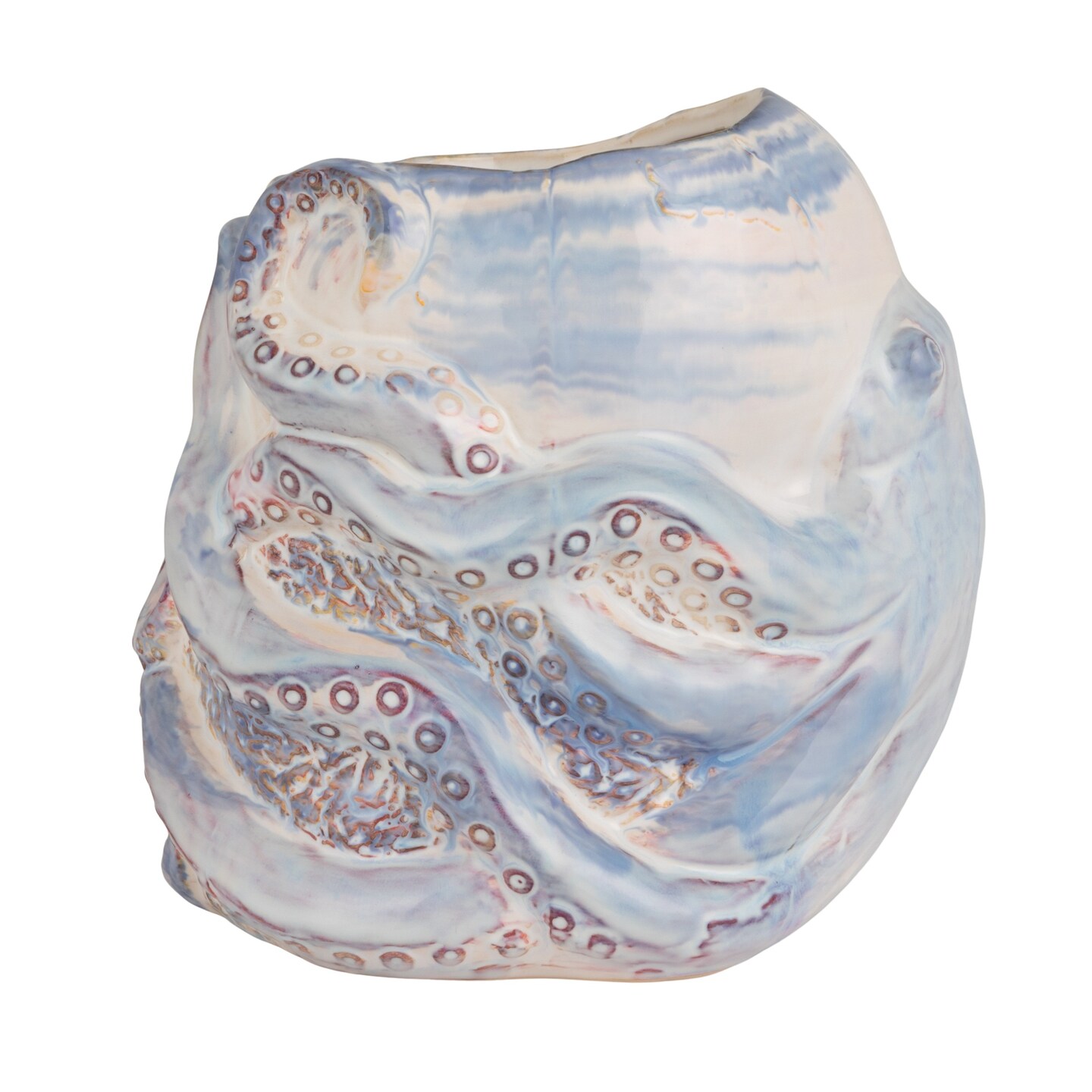 Hello Honey Stoneware Planter with Octopus Detail in Reactive Glaze, White and Blue Finish
