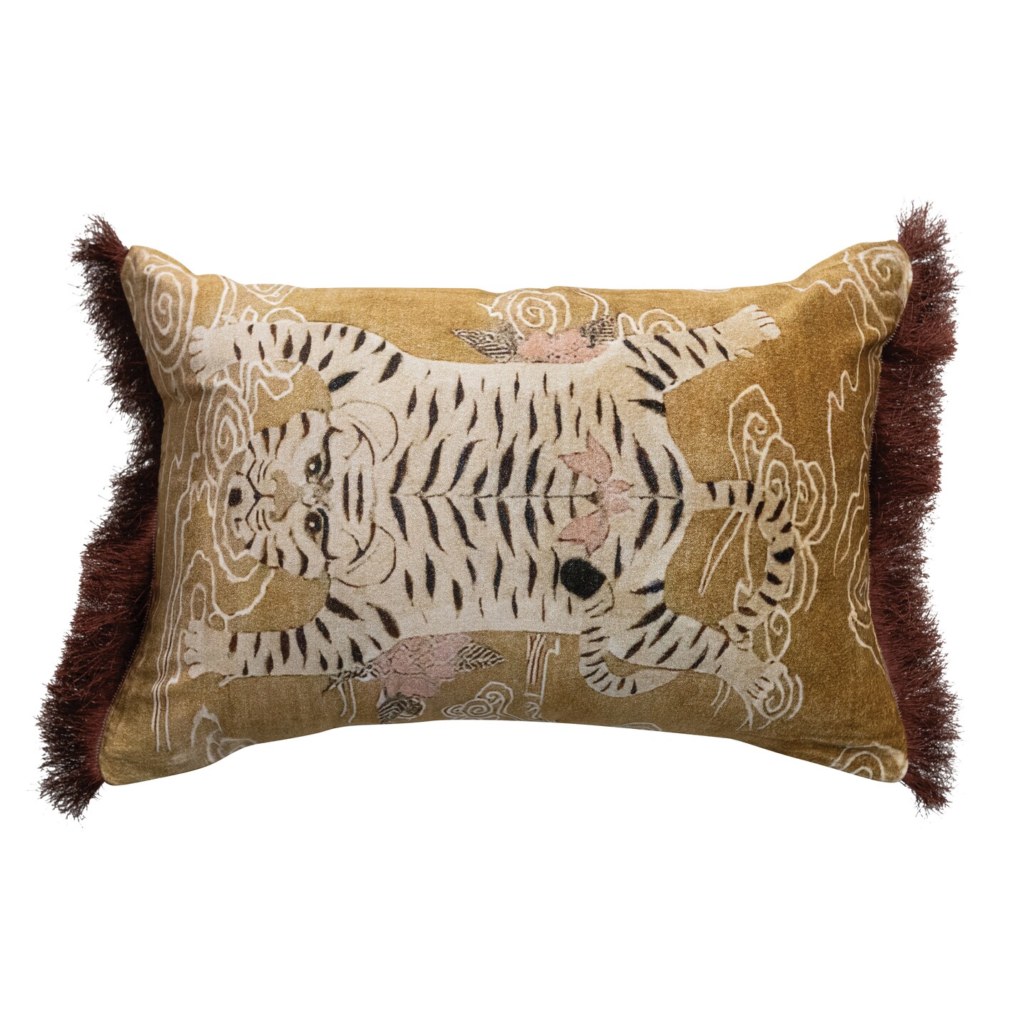 Hello Honey Tibetan Tiger Print Fringe Cotton Velvet Lumbar Pillow, Multicolor Finish