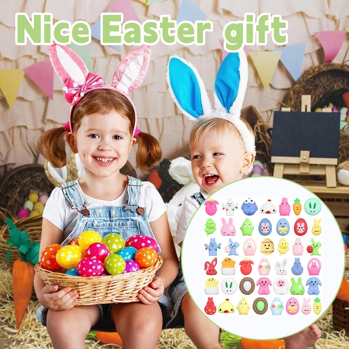 43PCS Easter Mochi Squishy Toys, Easter Basket Stuffers Egg Fillers Gifts Party Favors, Mini Cute Stress Relief Squishies Easter Toys Gift for Kids Adults