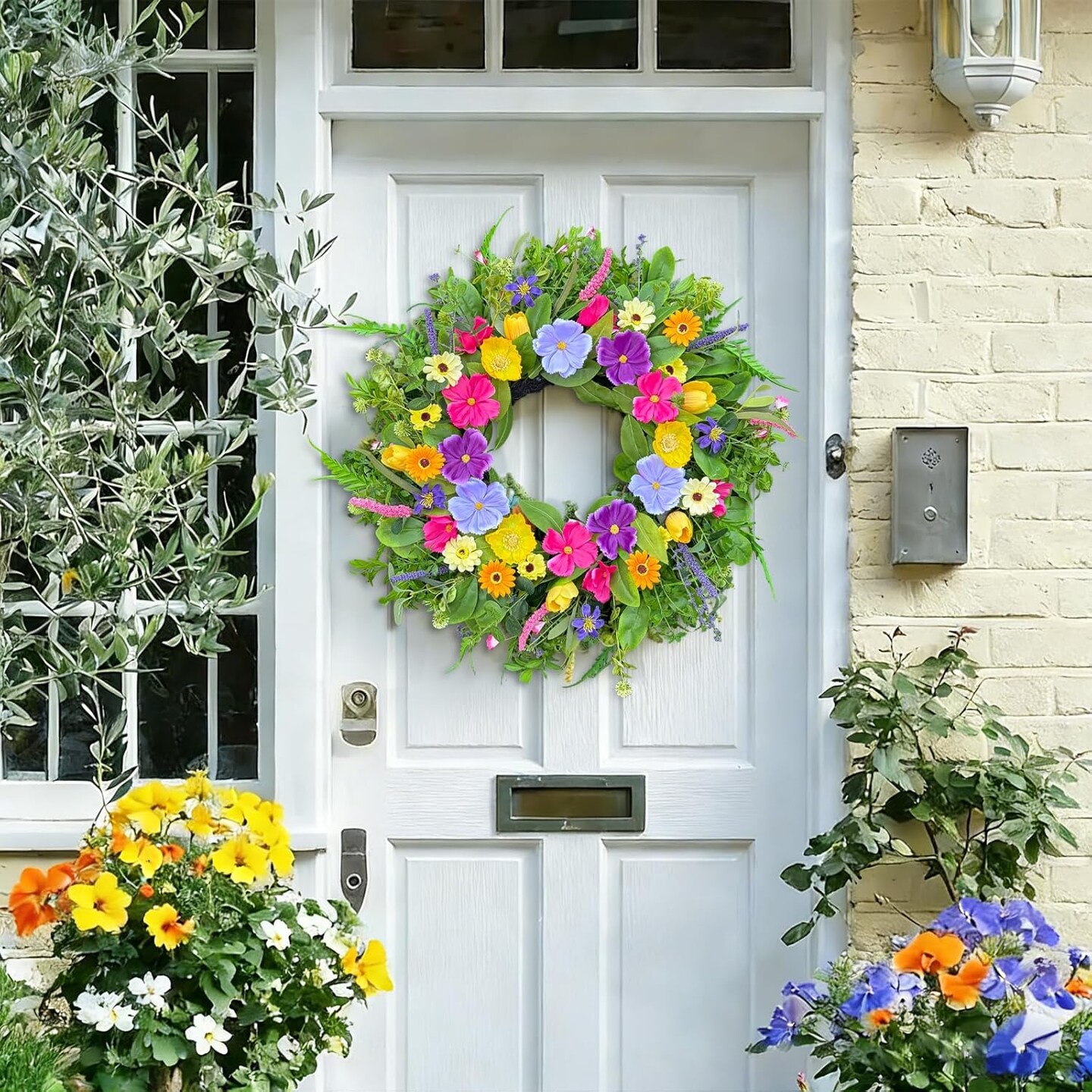 24-Inch Spring Wreath for Front Door – Yellow & Pink Wildflower and Eucalyptus Wreath for Indoor & Outdoor Porch, Wall, Mantel, Farmhouse Spring & Summer Décor