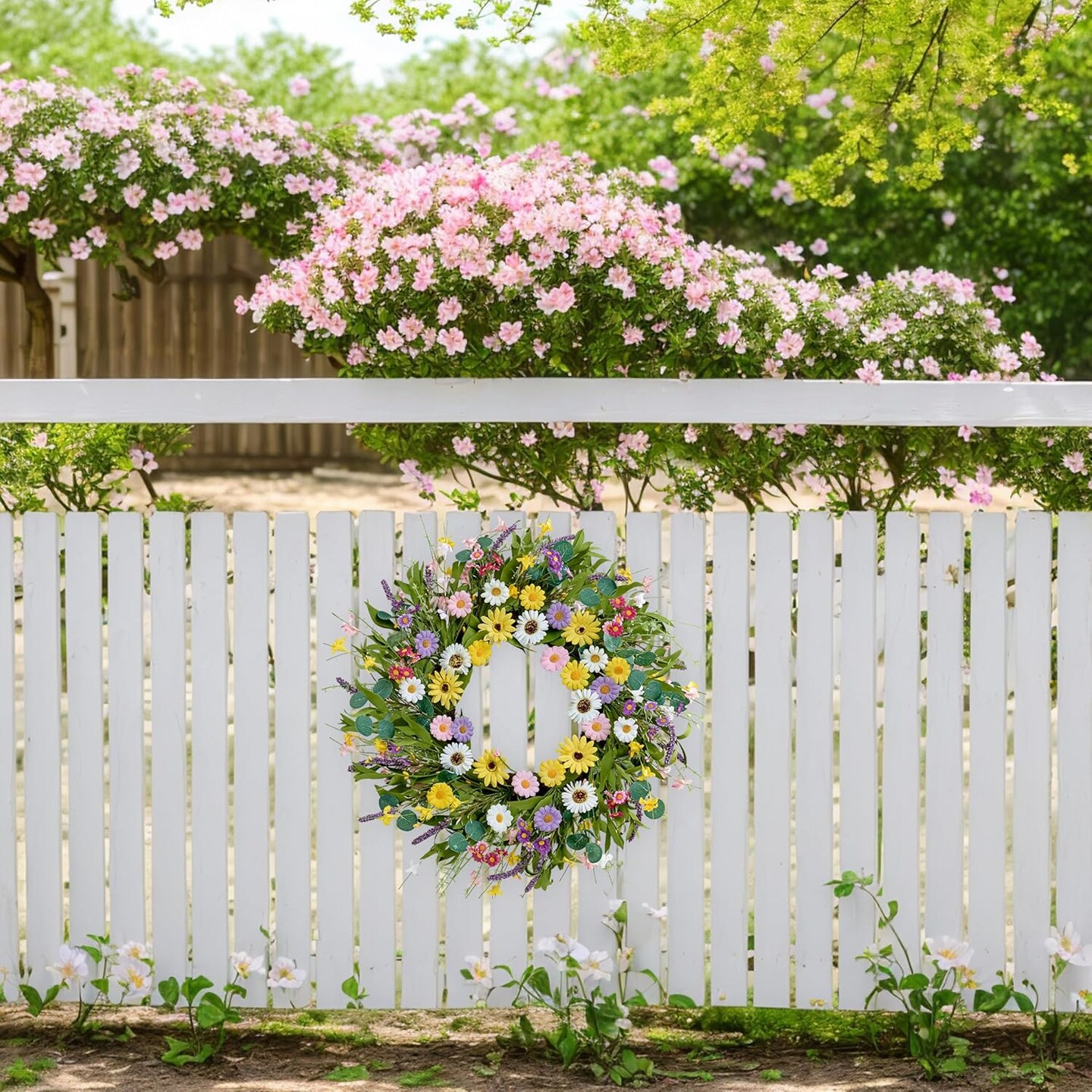 22" Spring & Summer Wreath – Artificial Yellow Daisy, Lavender & Eucalyptus Front Door Wreath for Farmhouse, Porch, Wall, Home, Easter & Seasonal Décor