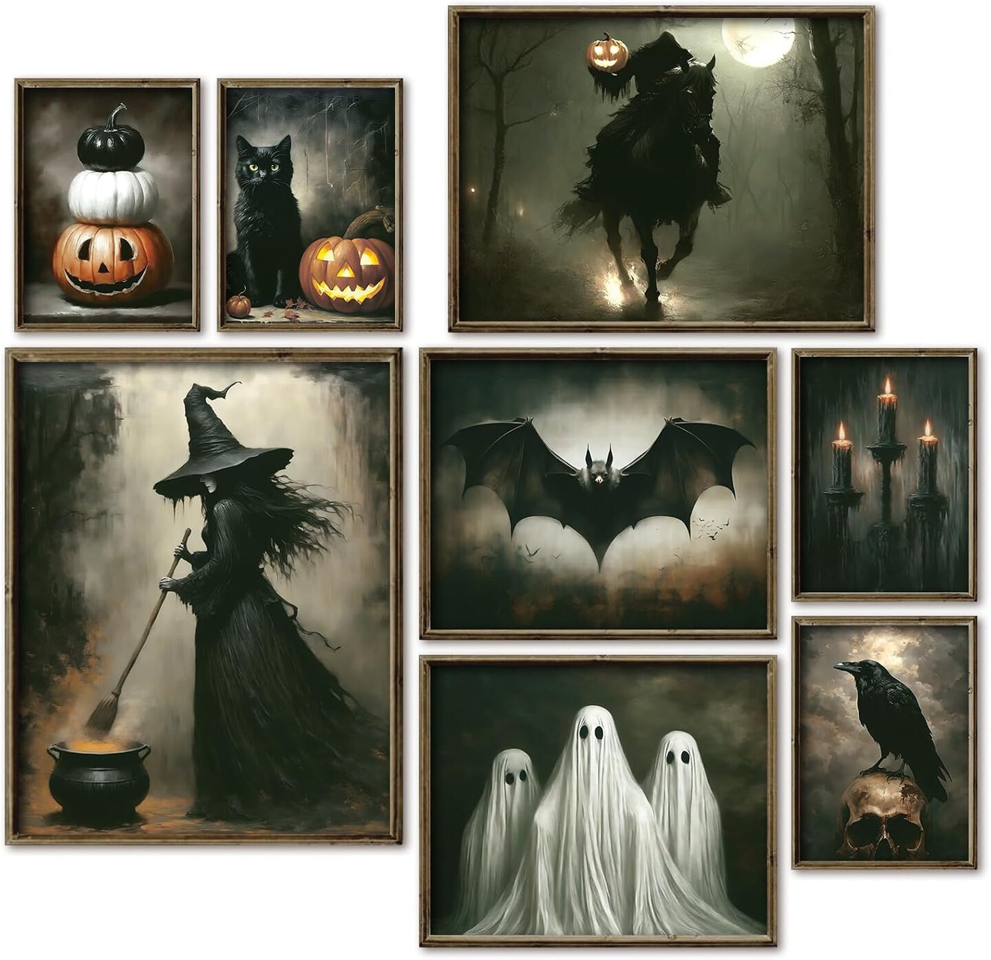 8 Piece Vintage Halloween Wall Art Prints Headless Horse Witch