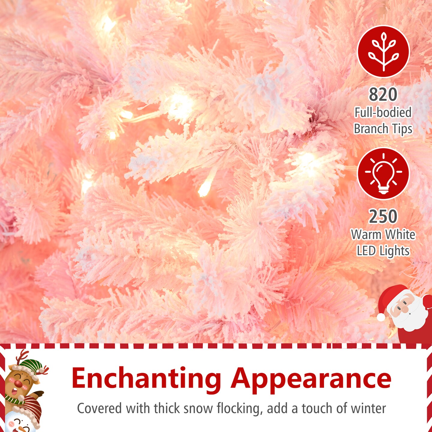 White-Pink PVC Christmas Tree with Snow Flocking and Pre-Lit LED Lights