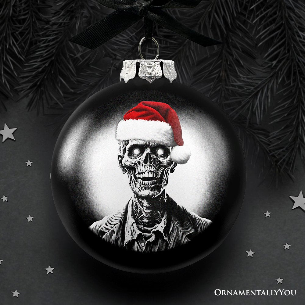 Zombie Christmas Spooky Portrait Glass Ornament, Black Horror Halloween Tree Decoration